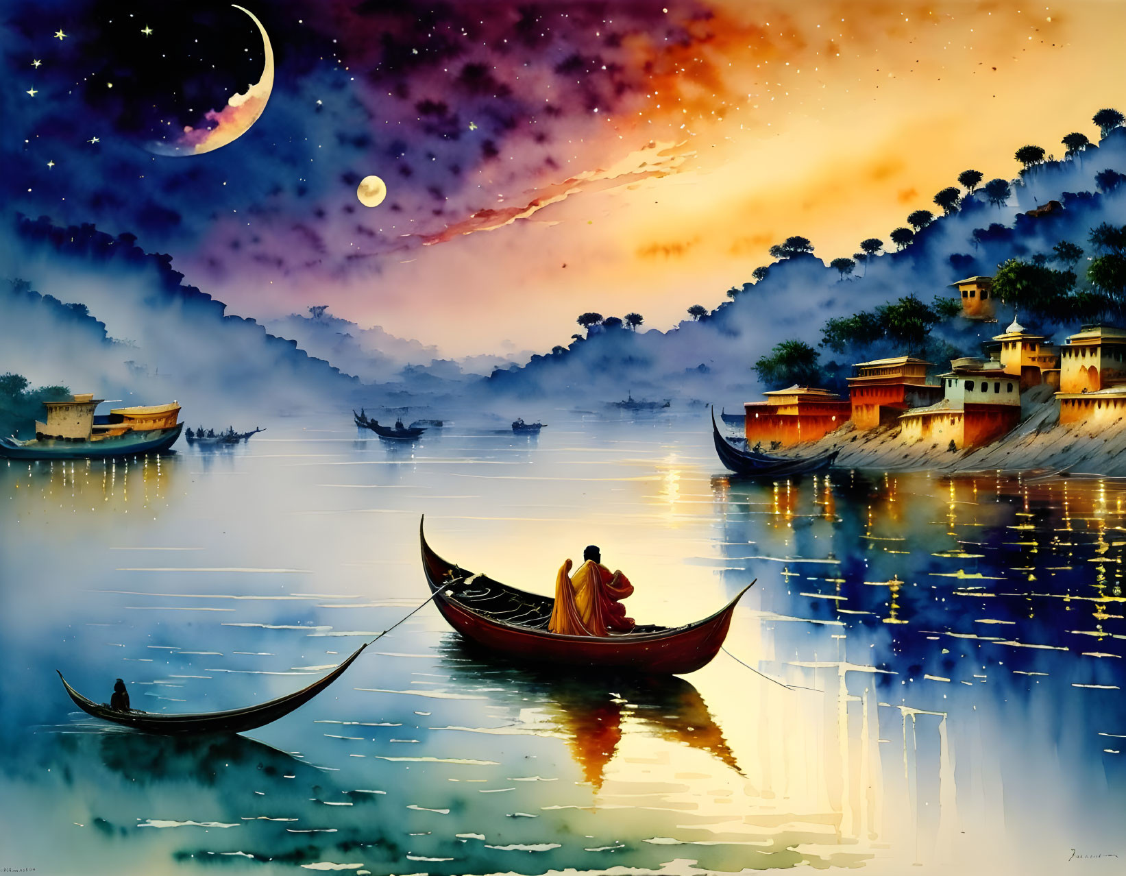 Scenic riverside village painting at dusk with boats, colorful sky, and crescent moon