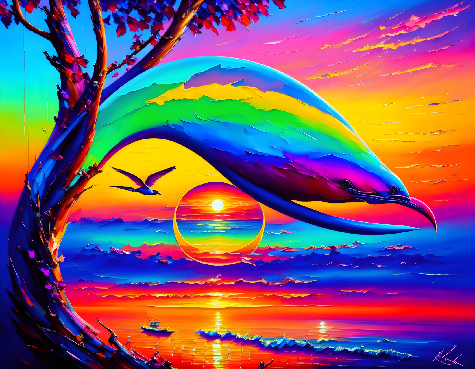 Colorful surreal painting: Large whale flying over vibrant sky and ocean with birds, tree, and boats