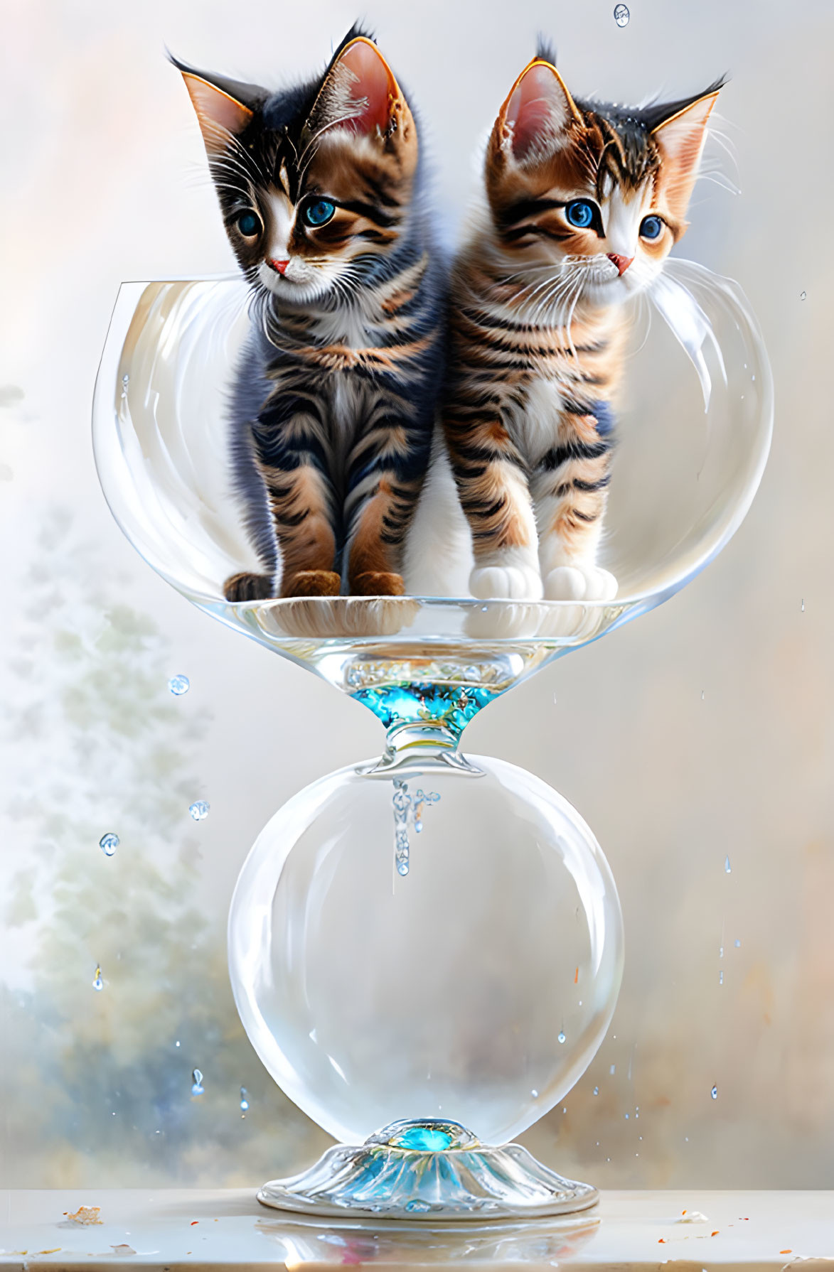 Adorable kittens with unique markings in water droplets and splash.