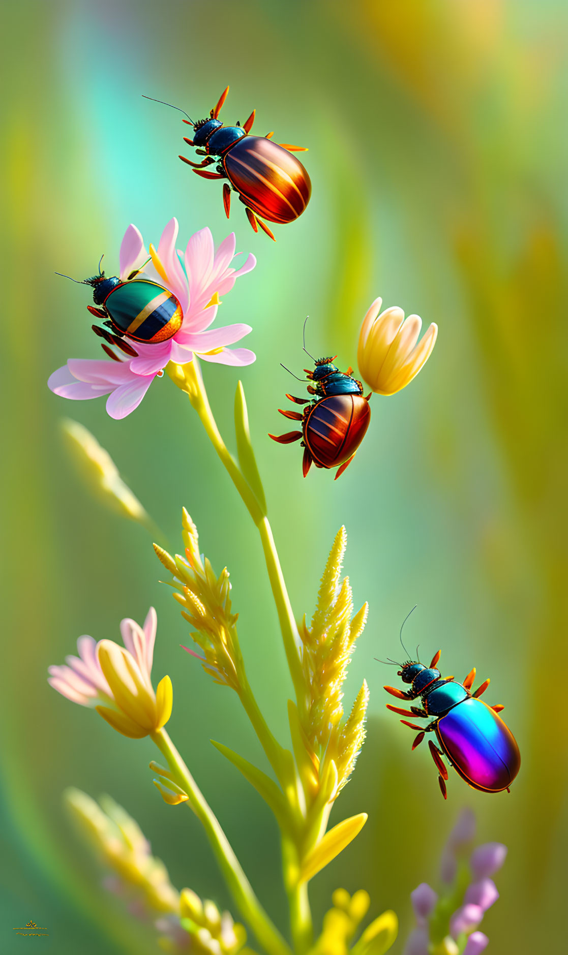 Vibrant beetles on pastel wildflowers in soft-focus setting