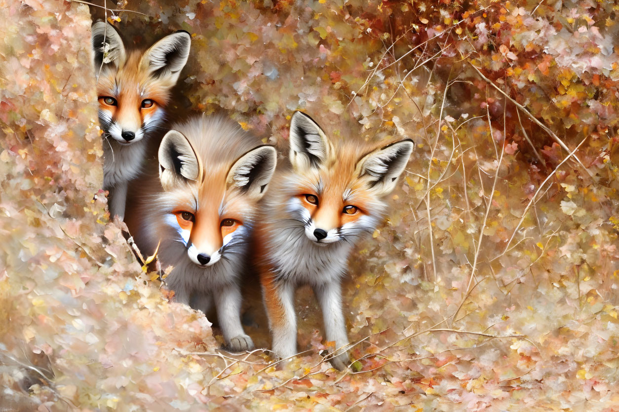 Red Foxes Observing Autumn Leaves in Golden Setting