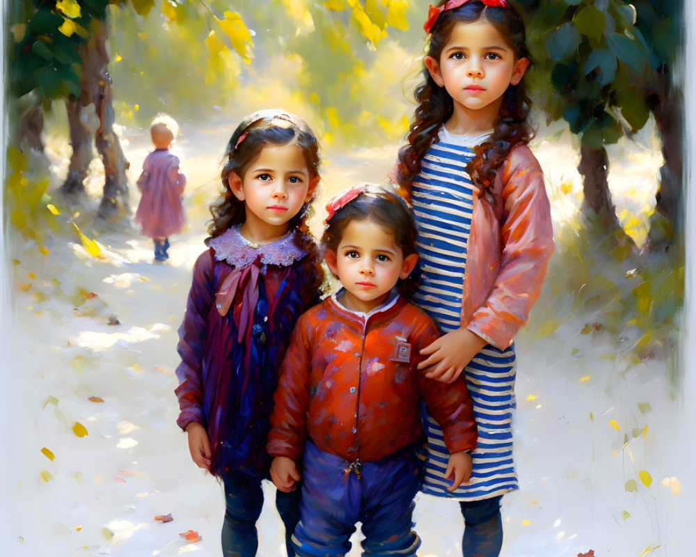 Three children on sunlit forest path with autumn leaves, holding hands.