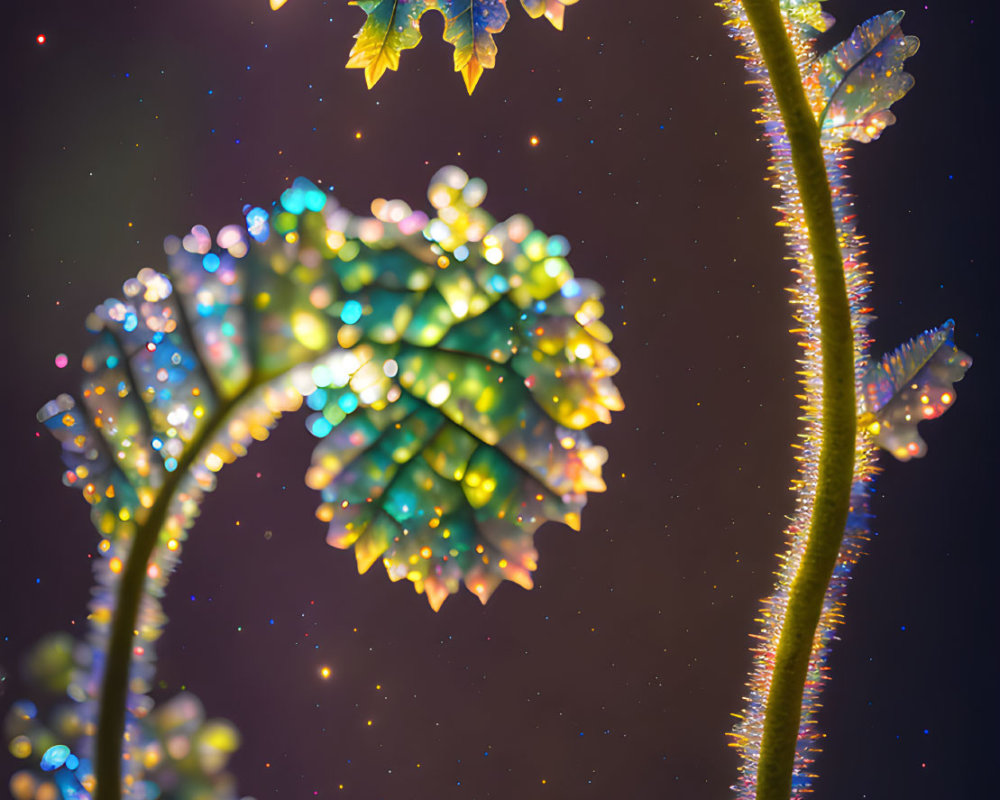 Iridescent Leaves on Stems in Starry Background