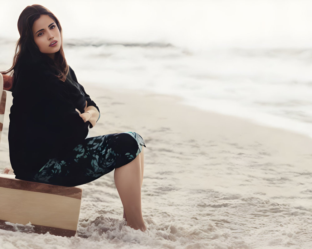 Woman sitting by ocean in black outfit with hair down