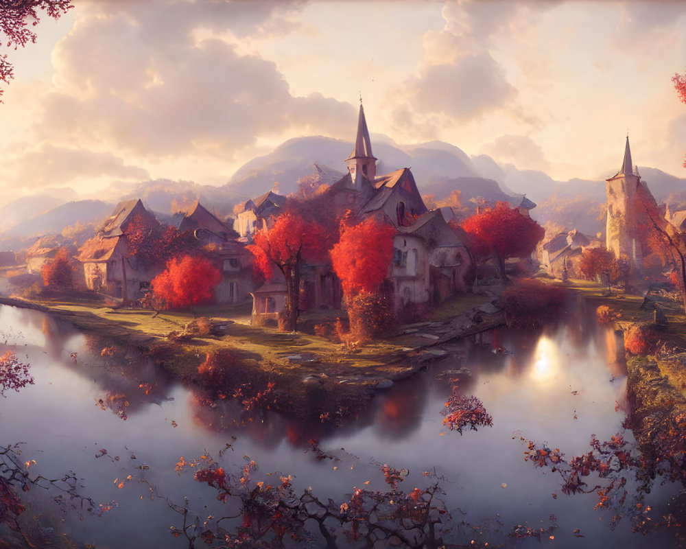 Autumnal village scene with old-world architecture and serene river sunset