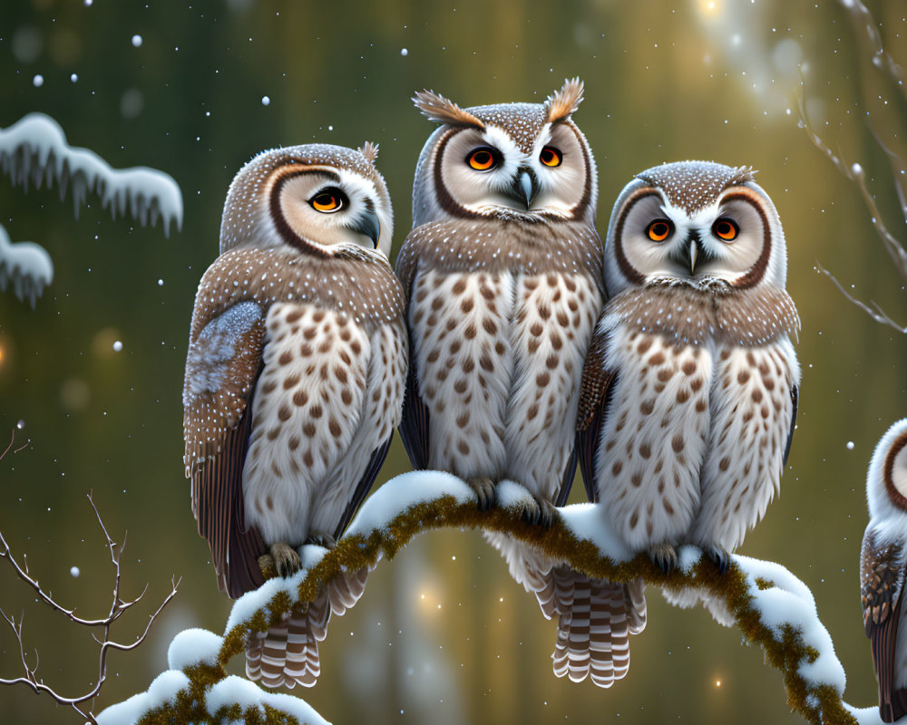 Detailed snowy owls on branch in night sky with snowflakes & glowing lights