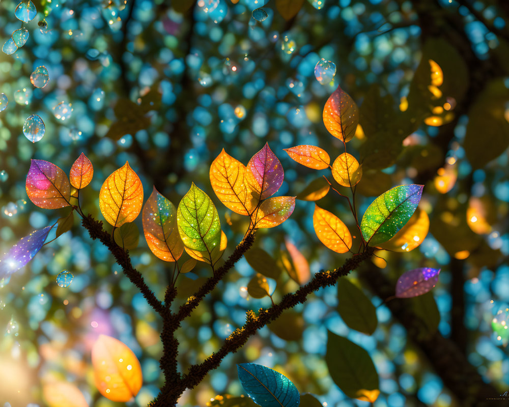 Sunlit leaves in orange, yellow, and green with water droplets on bokeh background