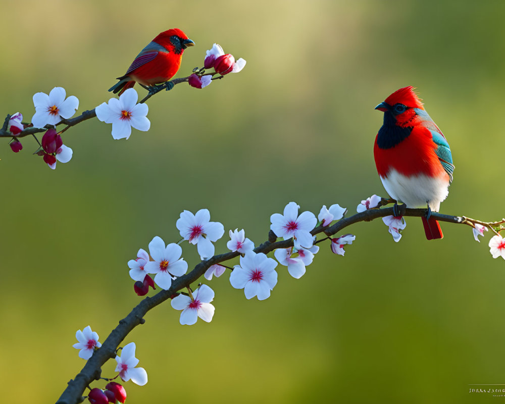 Colorful Birds on Flowering Branches Against Green Background