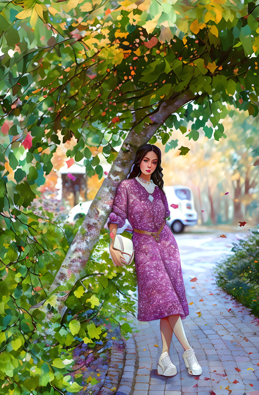 Woman in Purple Floral Dress Under Autumn Tree with Cream Bag