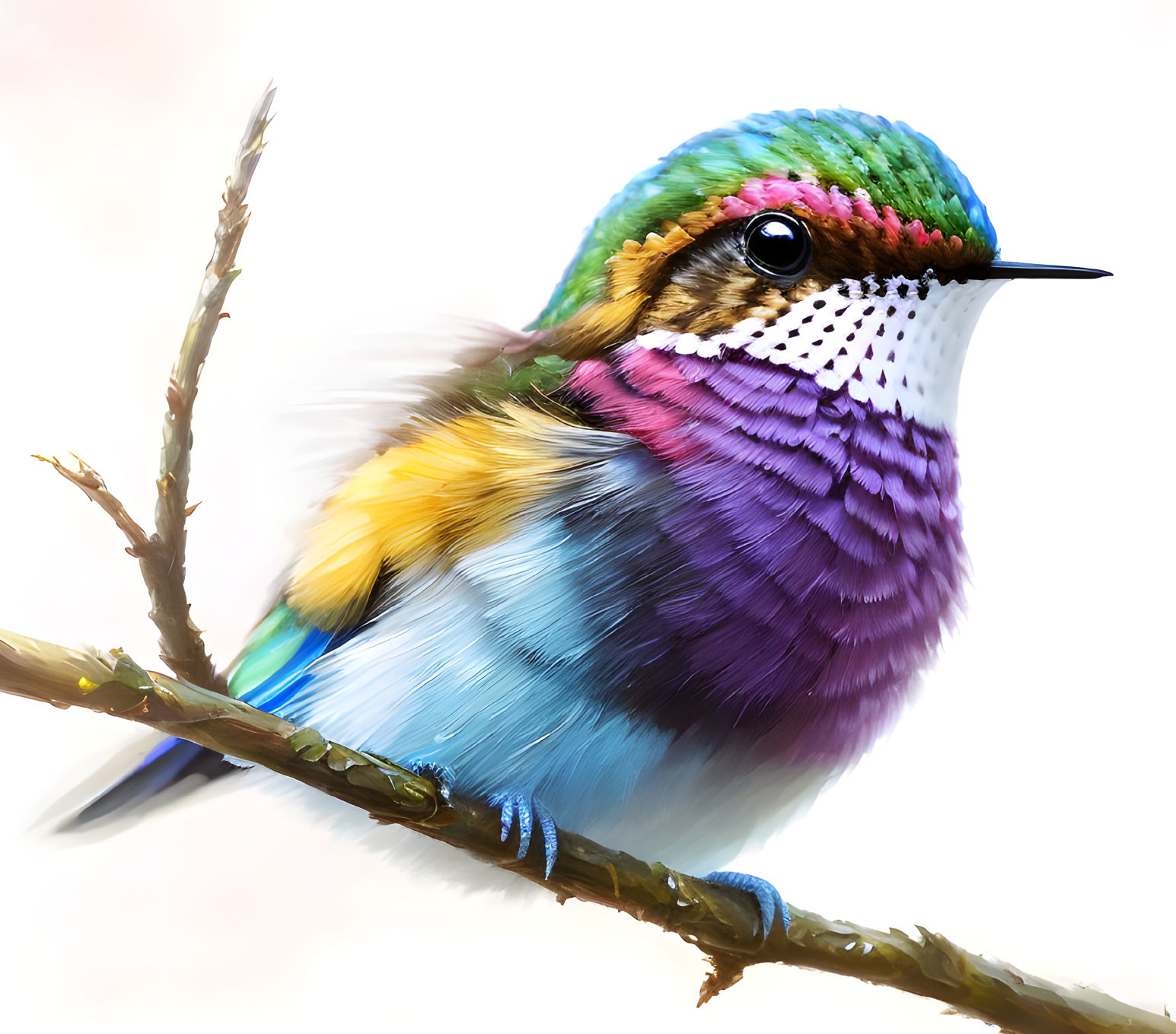 Colorful Hummingbird Illustration on Branch with Green, Blue, Yellow Feathers