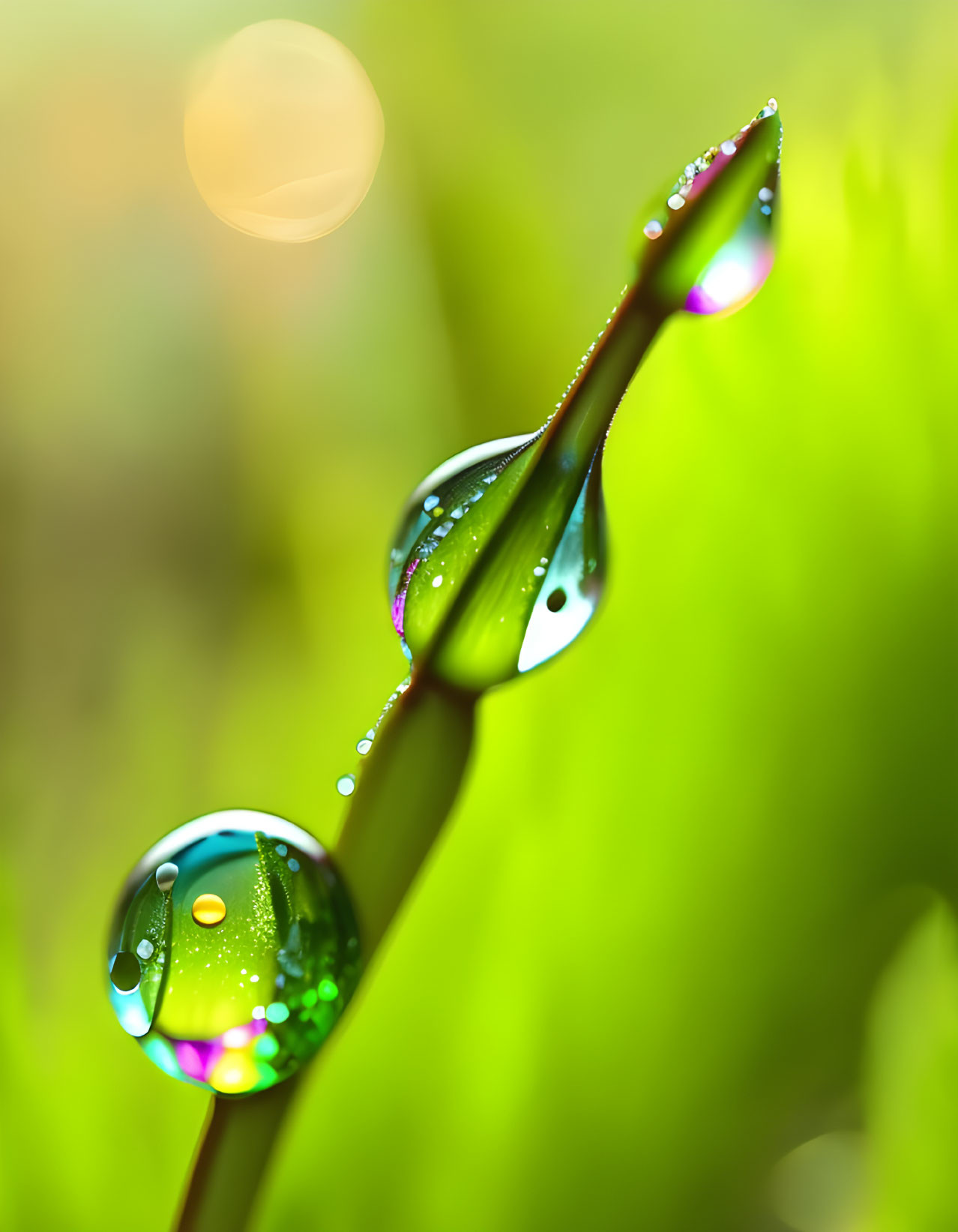 Macro Photo: Dewdrops on Green Leaf Blade in Sunlight