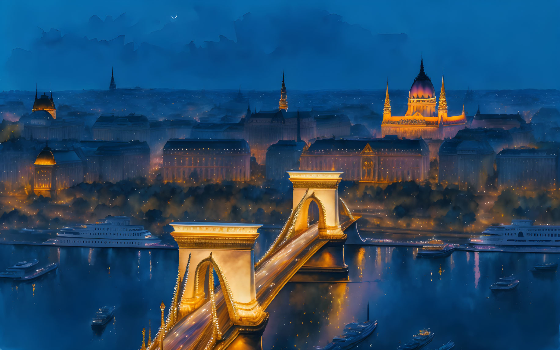 Cityscape Twilight Panorama: Lit Bridge, River Boats & Grand Buildings