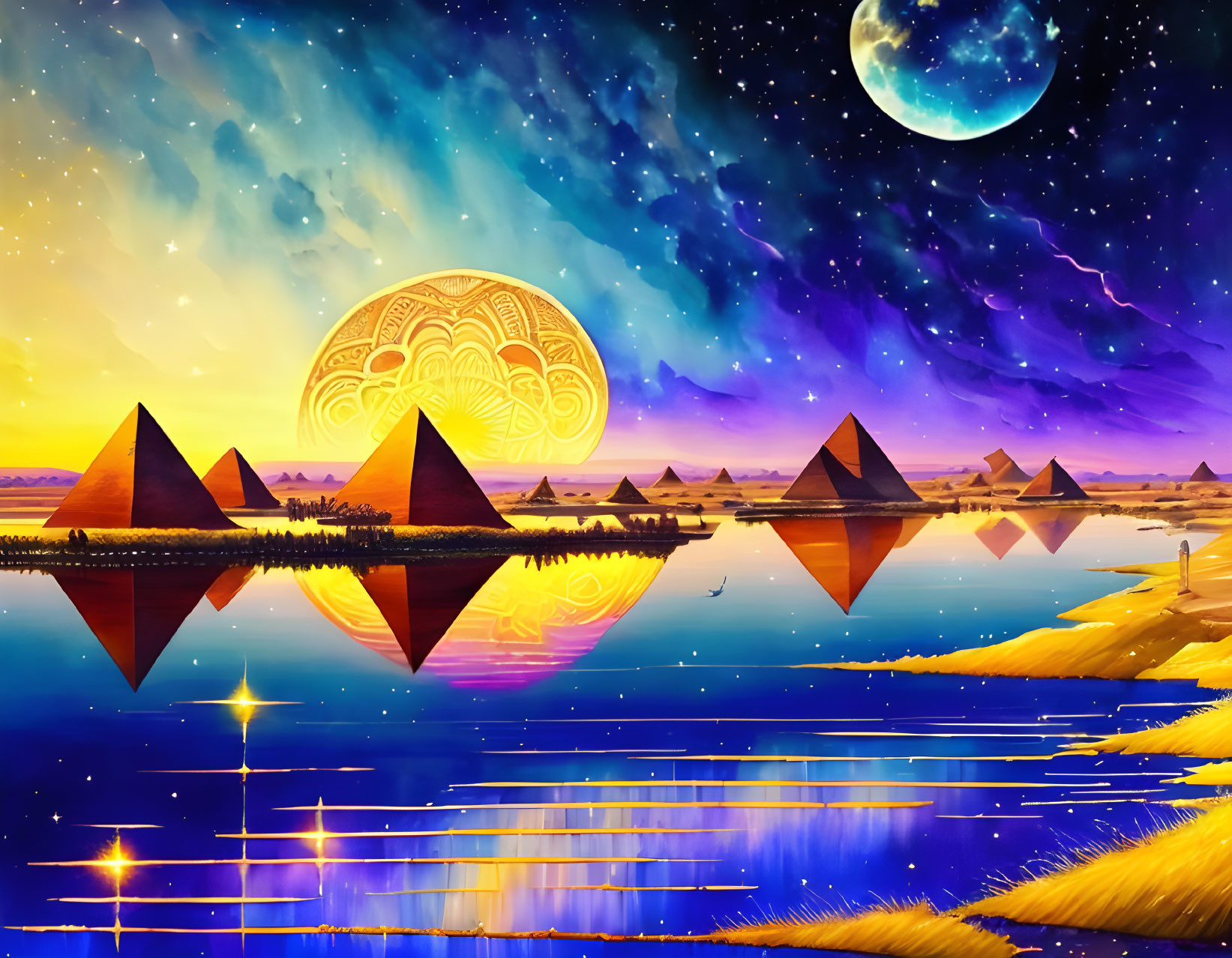 Artwork: Egyptian pyramid landscape with cosmic moon, stars, and nebula over reflective river