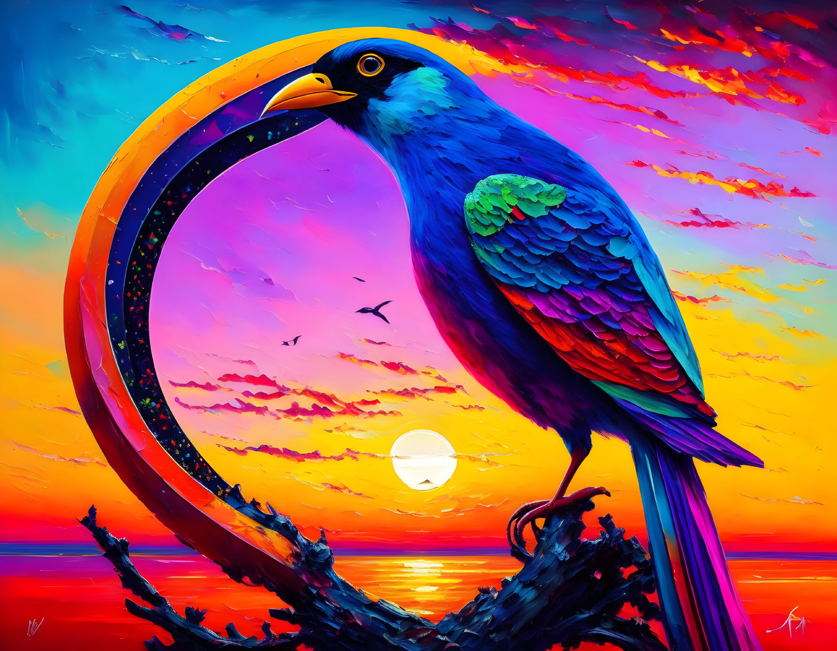 Colorful Illustration: Blue Bird on Branch in Sunset Sky