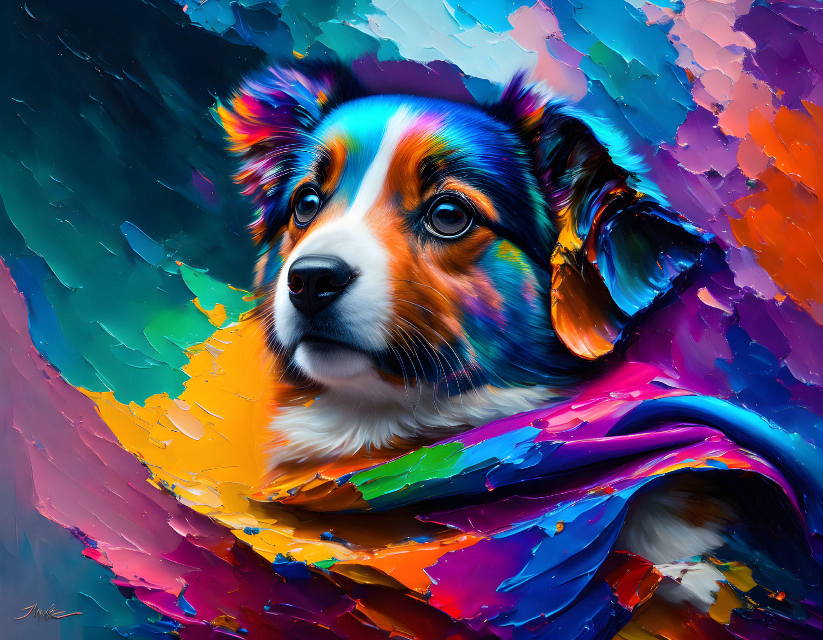 Colorful digital artwork featuring expressive dog against abstract background