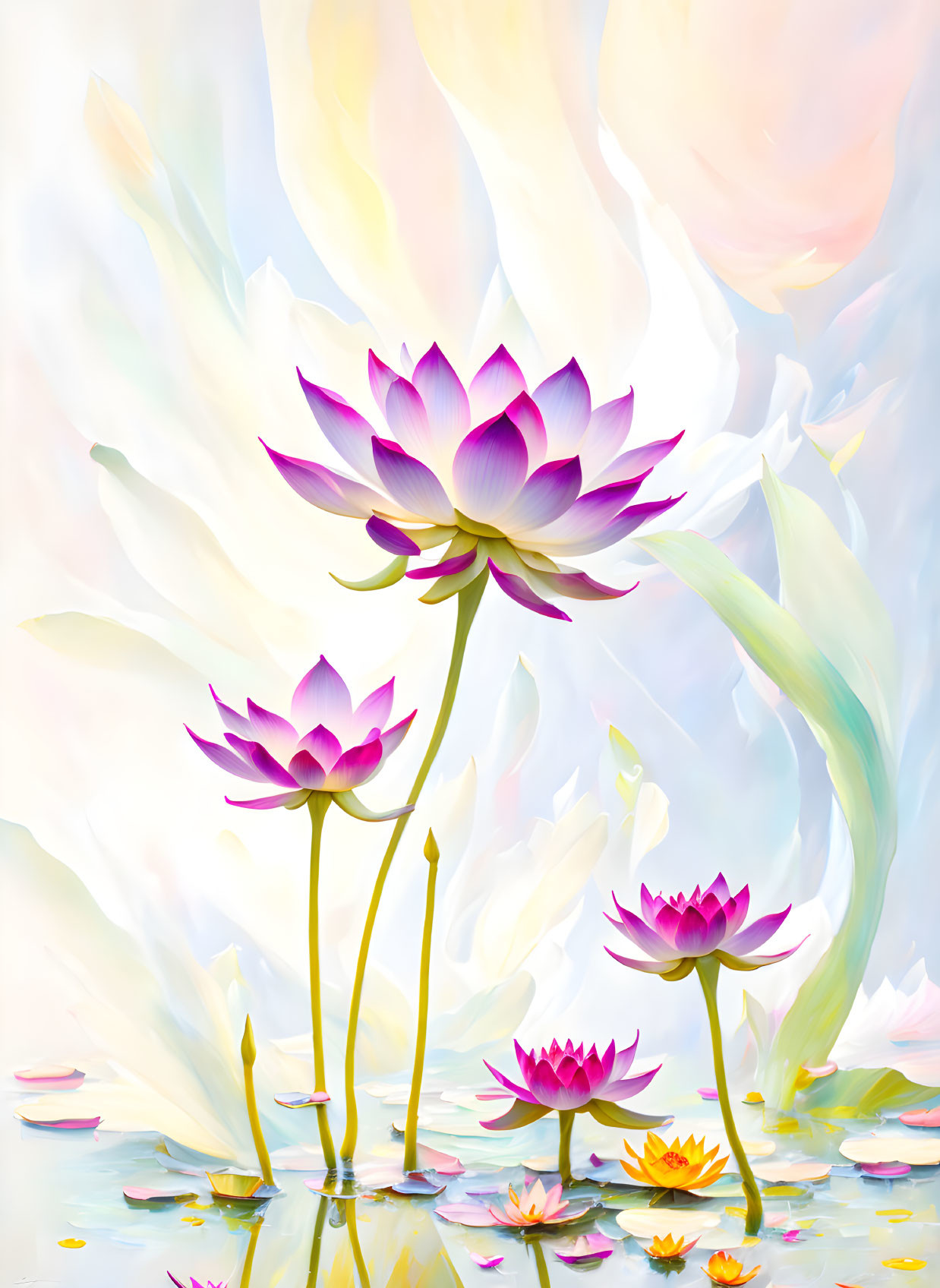 Colorful digital painting: Lotus flowers in bloom with pastel background