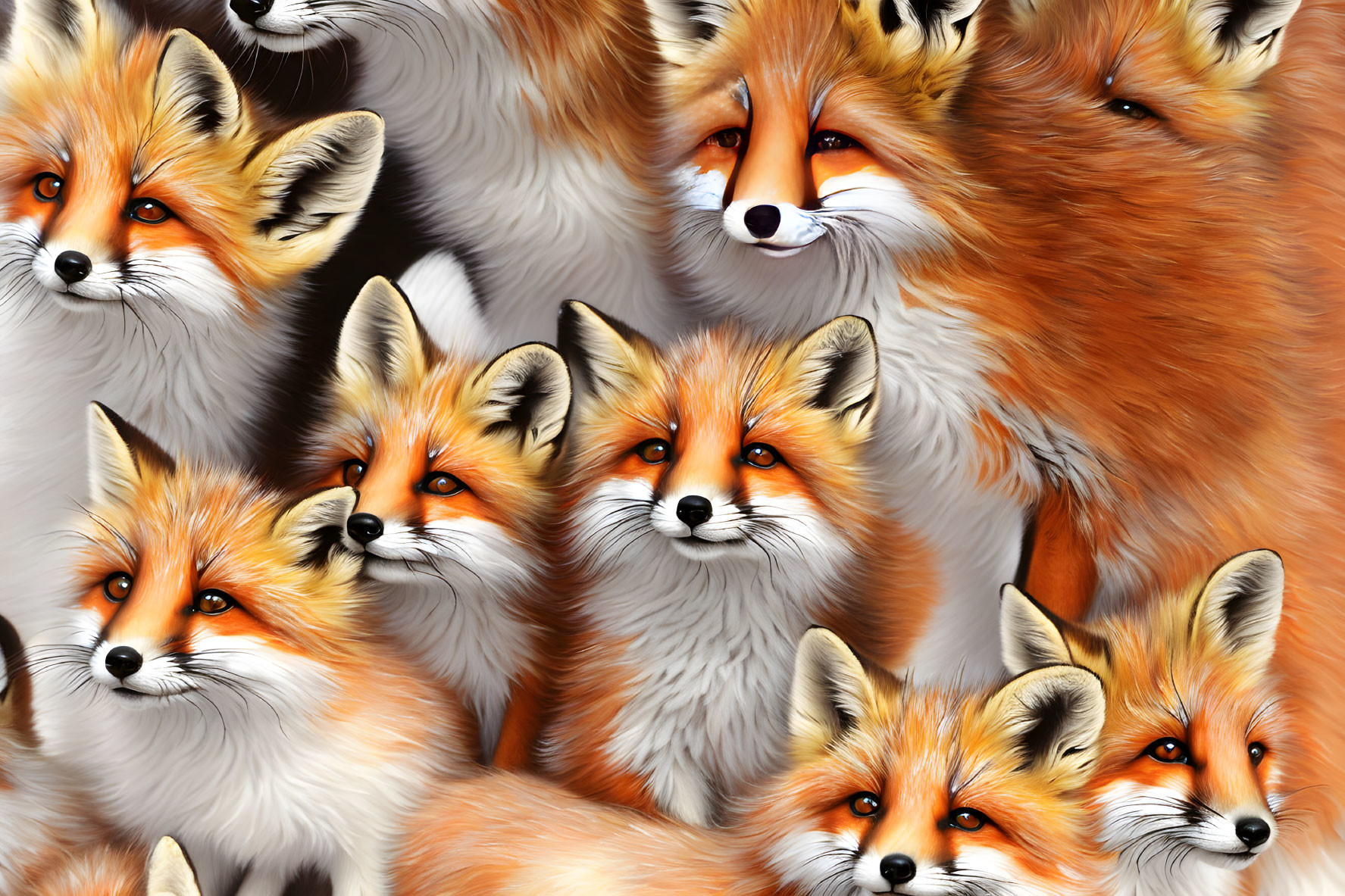 Multiple red foxes in various poses on a grey background