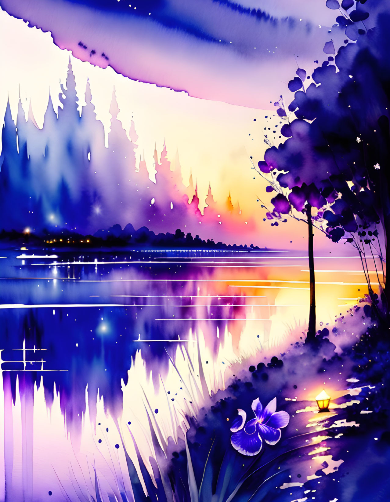 Serene lakeside watercolor with gradient sky and silhouetted trees