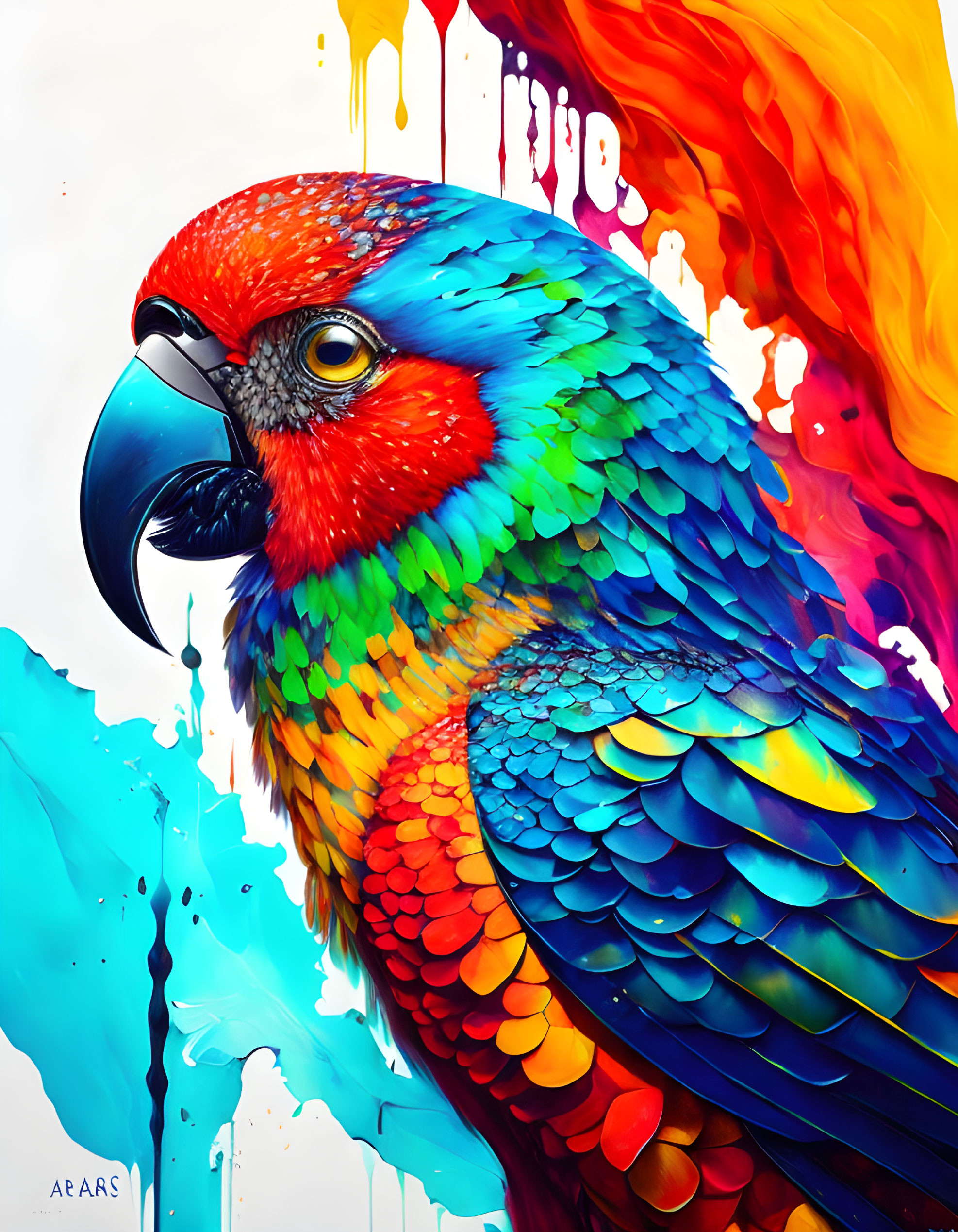 Colorful Digital Artwork: Parrot with Dripping Paint Effect in Red, Yellow, and