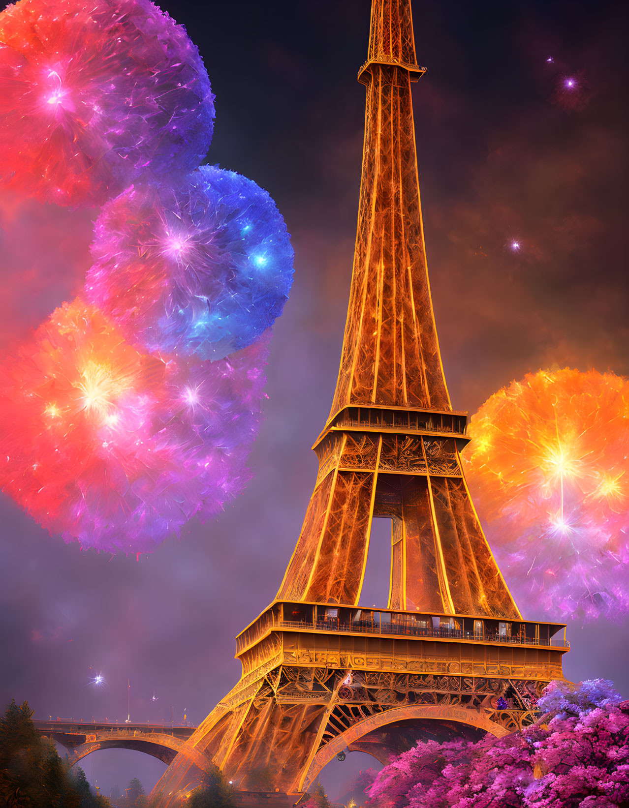 Eiffel Tower twilight scene with colorful fireworks and pink trees