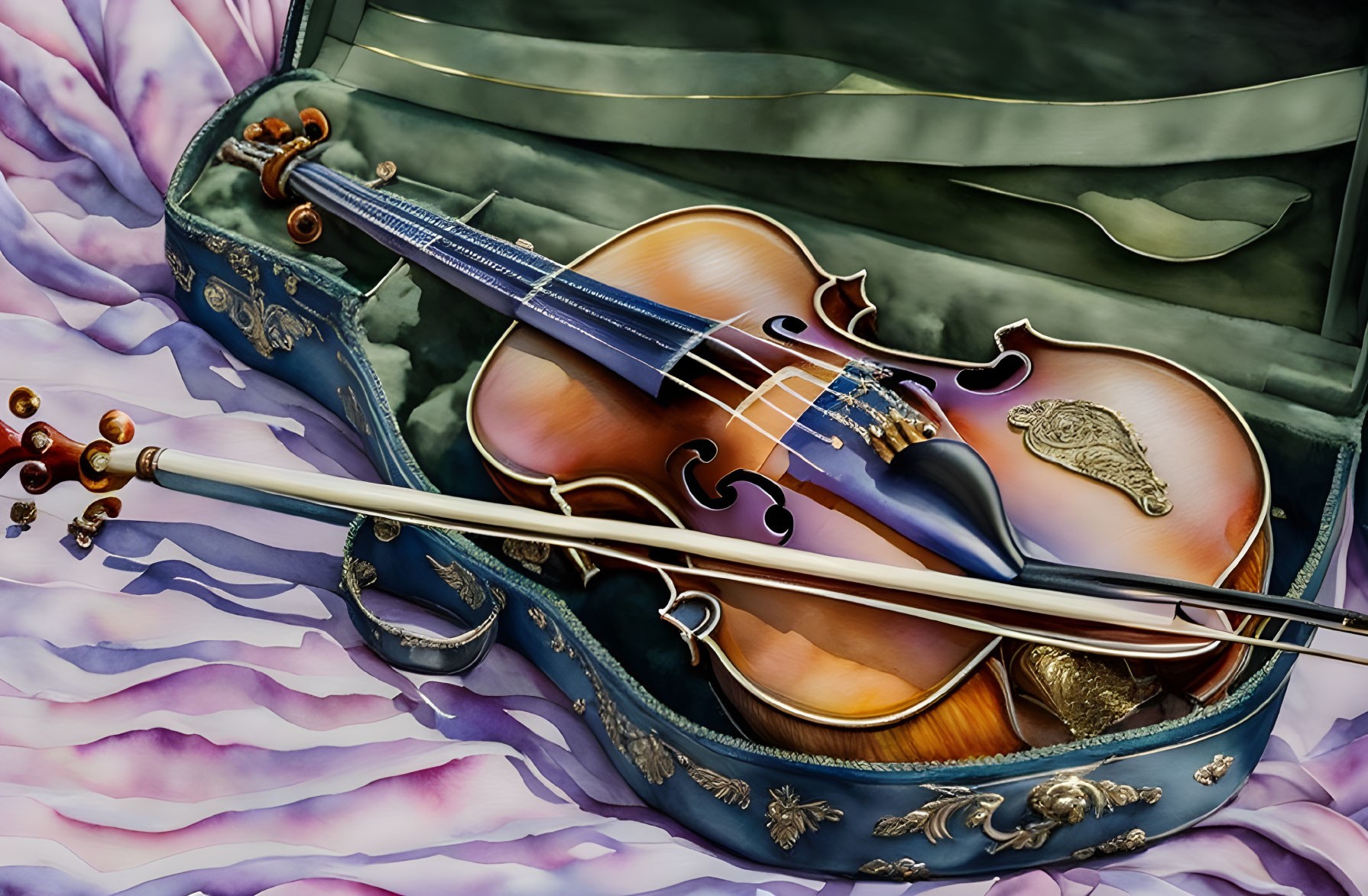 Violin and Bow in Ornate Case on Purple Silk Background