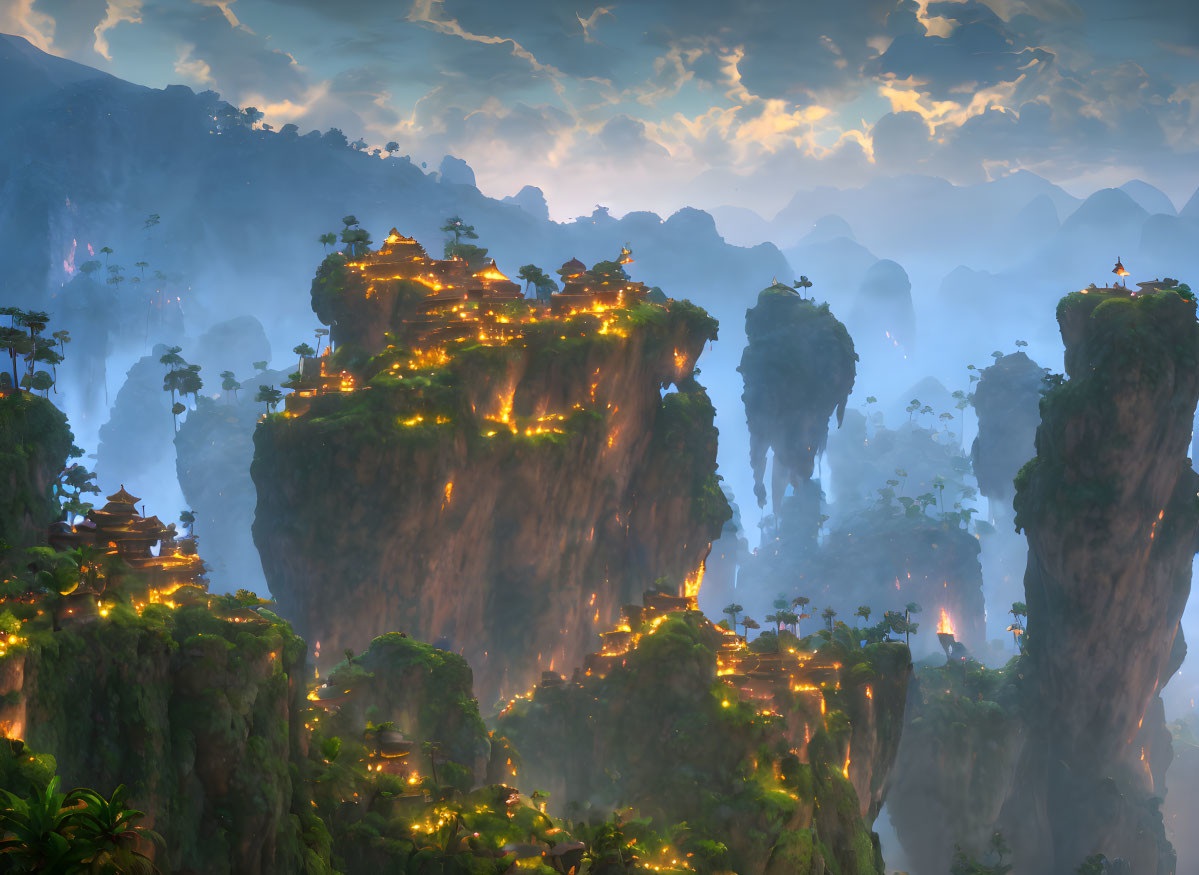 Majestic temples on misty rock pillars under dramatic sky