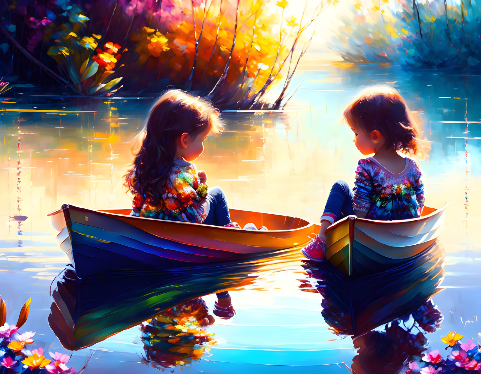 Children in colorful boat surrounded by vibrant flora and calm waters.