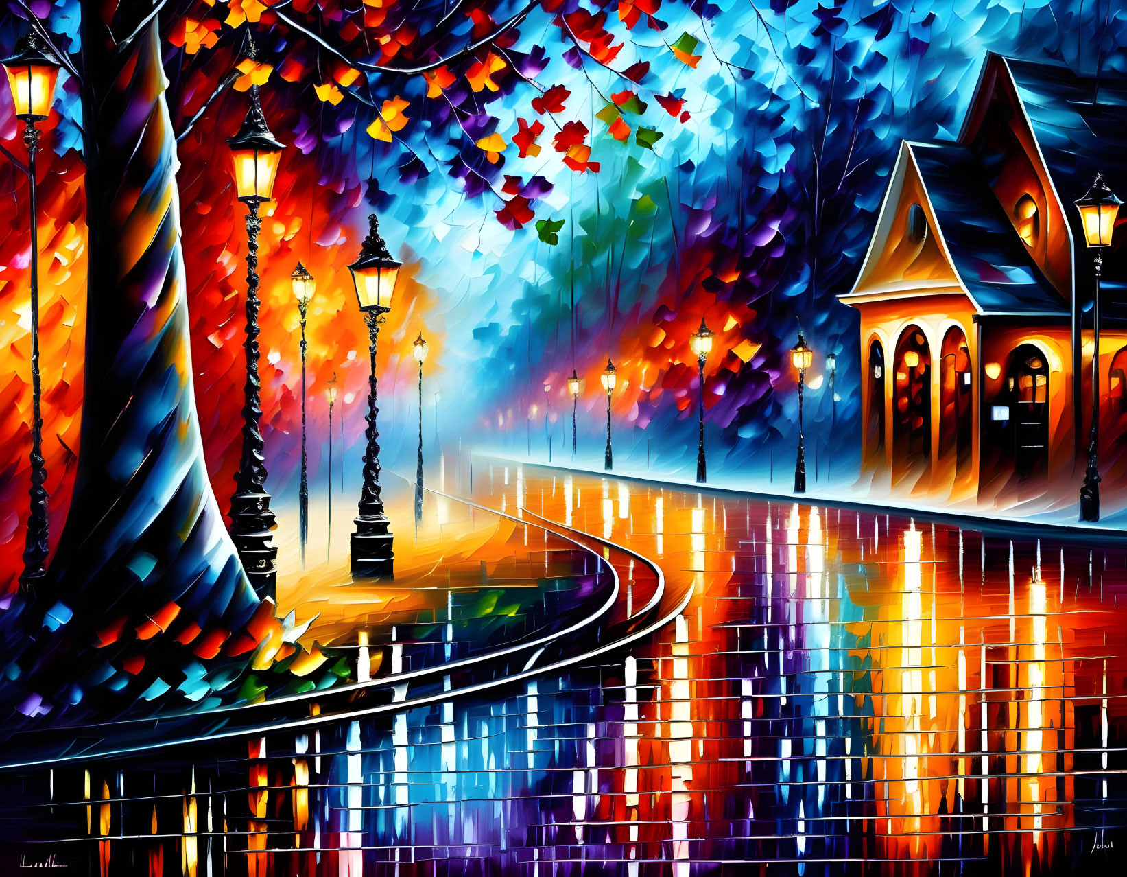 Colorful Painting of Street Scene at Dusk with Street Lamps and Autumn Leaves