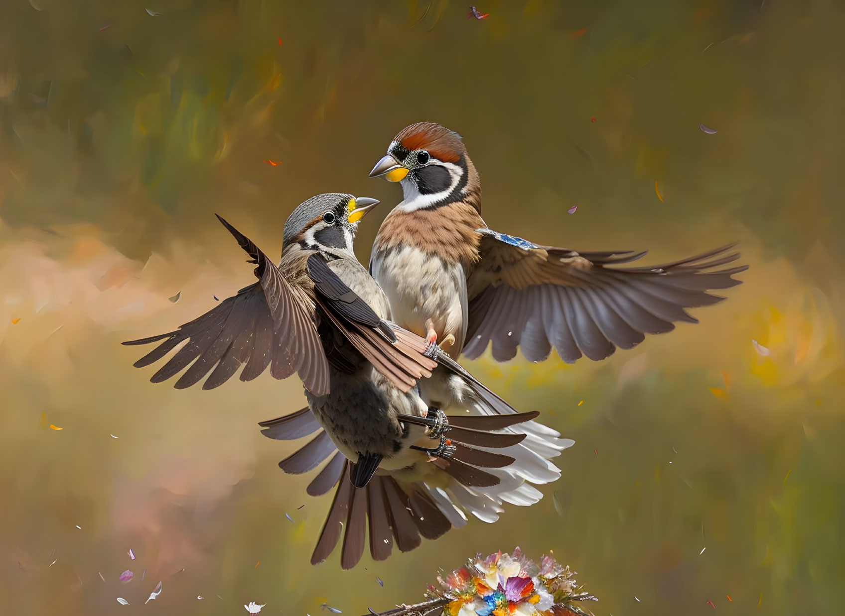 Sparrows in flight interacting in autumn scenery