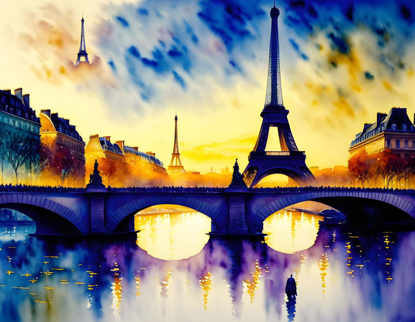 Paris Sunset Illustration: Eiffel Tower, Seine River, Colorful Sky