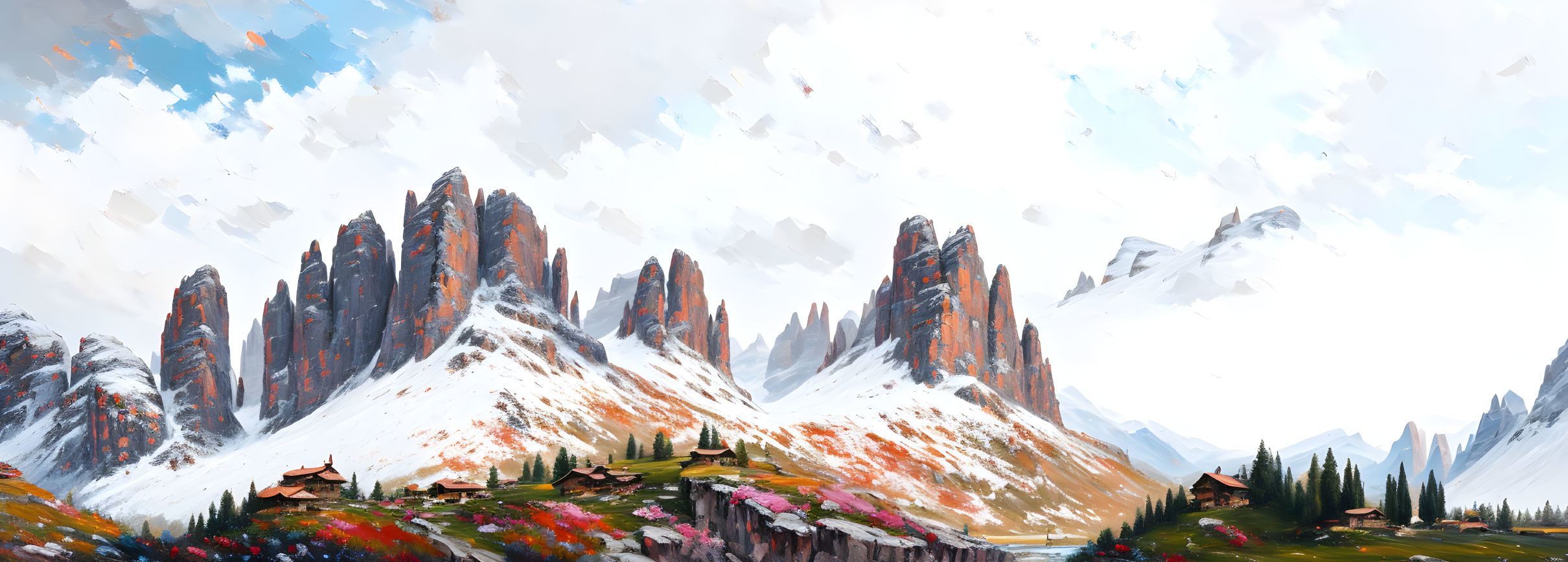 Panoramic landscape painting with mountain peaks, cabins, valley, and colorful flora