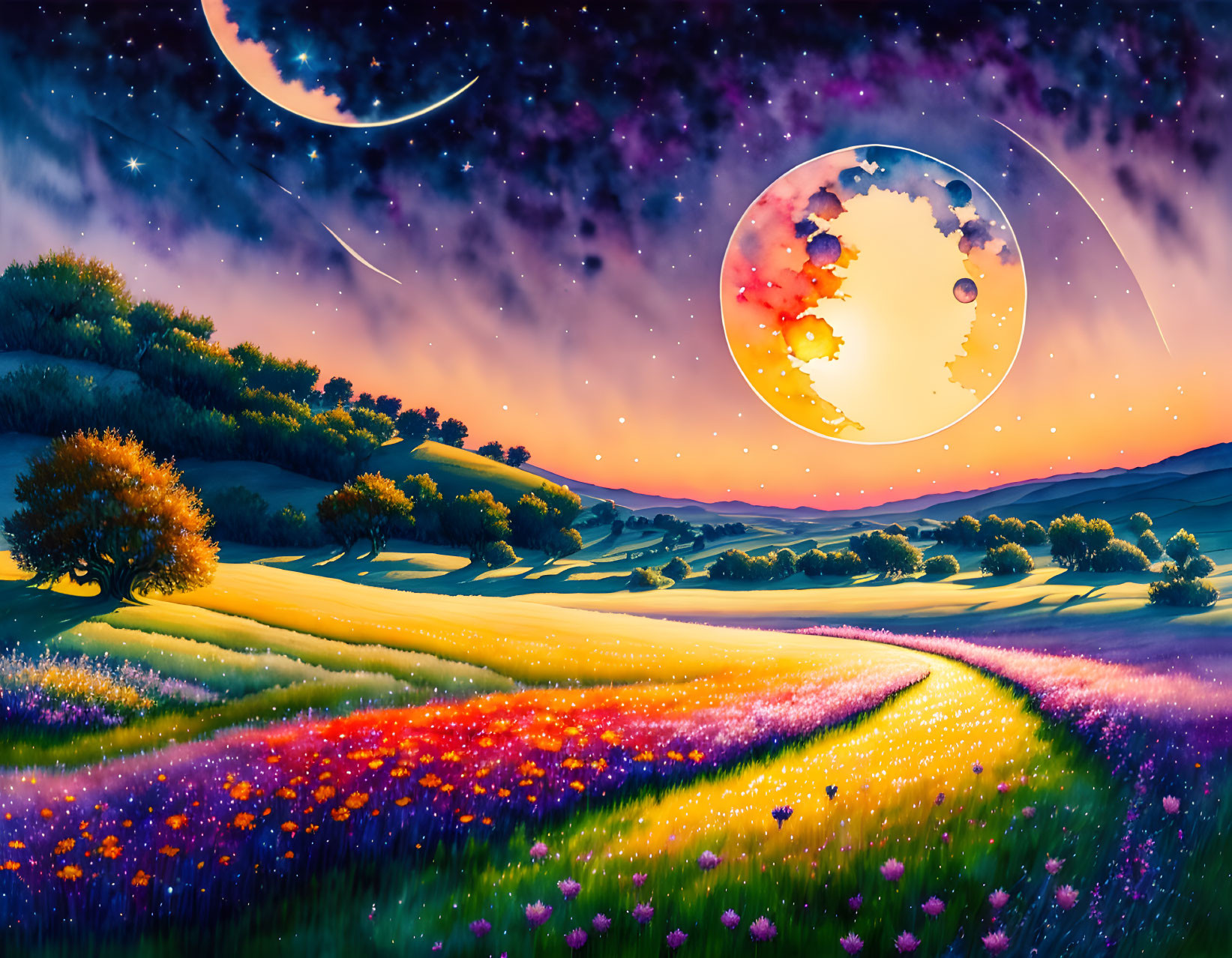 Colorful Fantasy Landscape with Starry Sky, Moon, Floral Field, Path, and Cosmic Trees