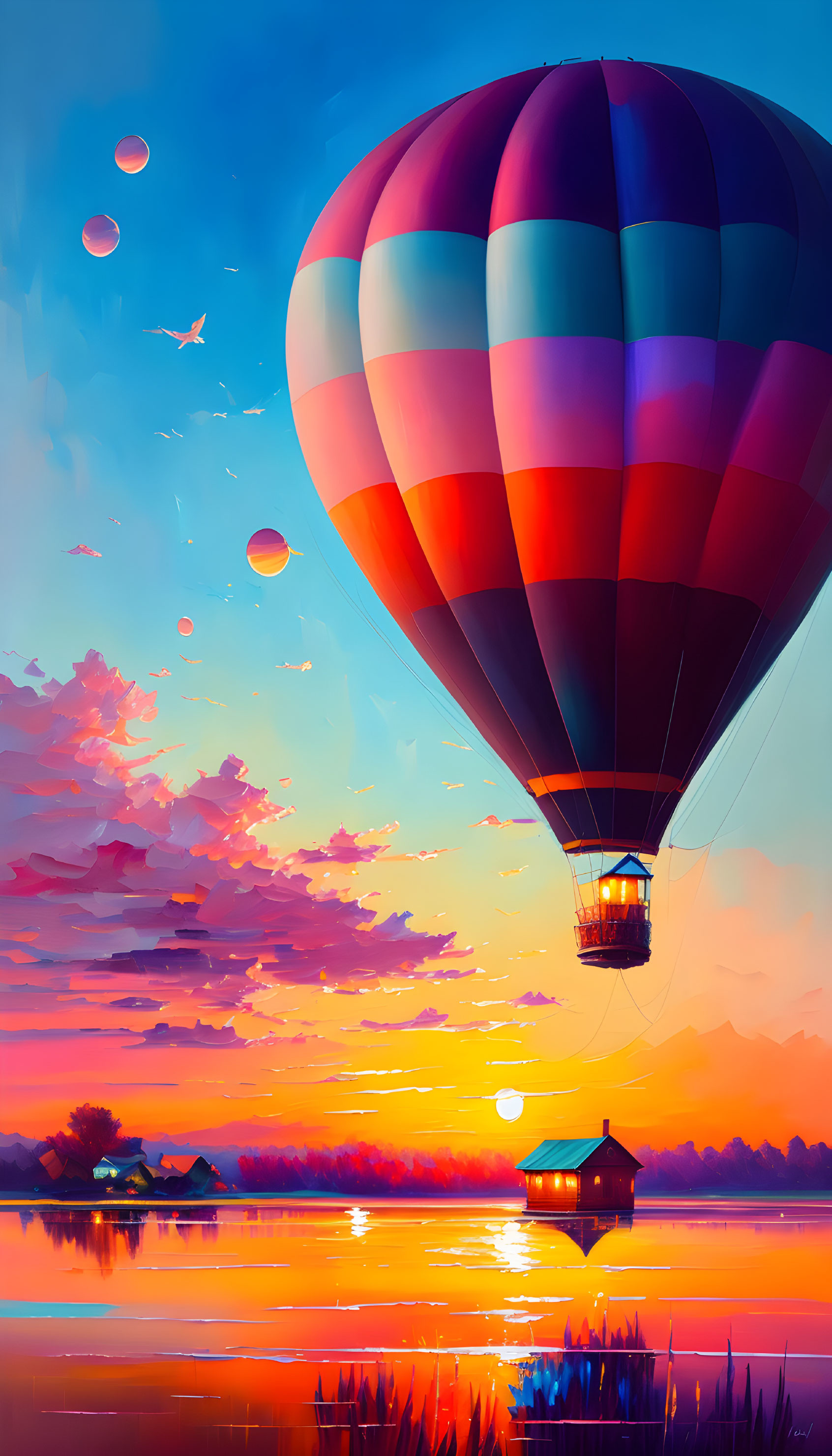 Colorful hot air balloon over serene lake at sunset with pink and blue sky reflections.