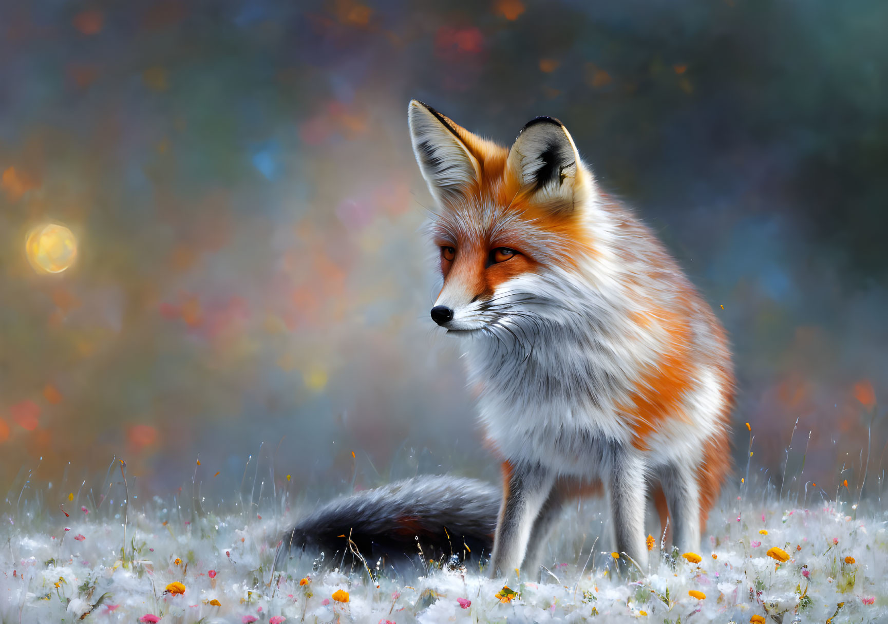 Red fox in misty flower field with colorful background