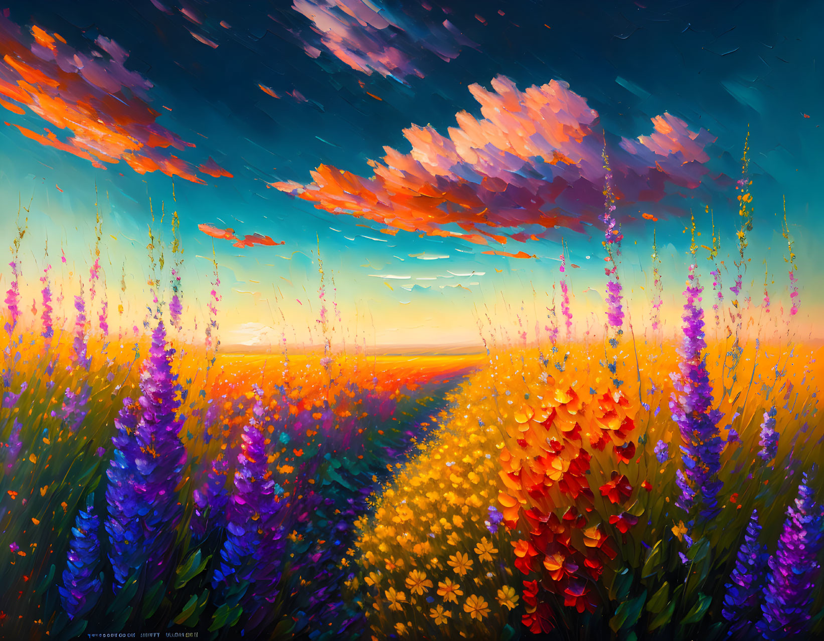 Colorful Flower Field Painting at Sunset with Dynamic Sky