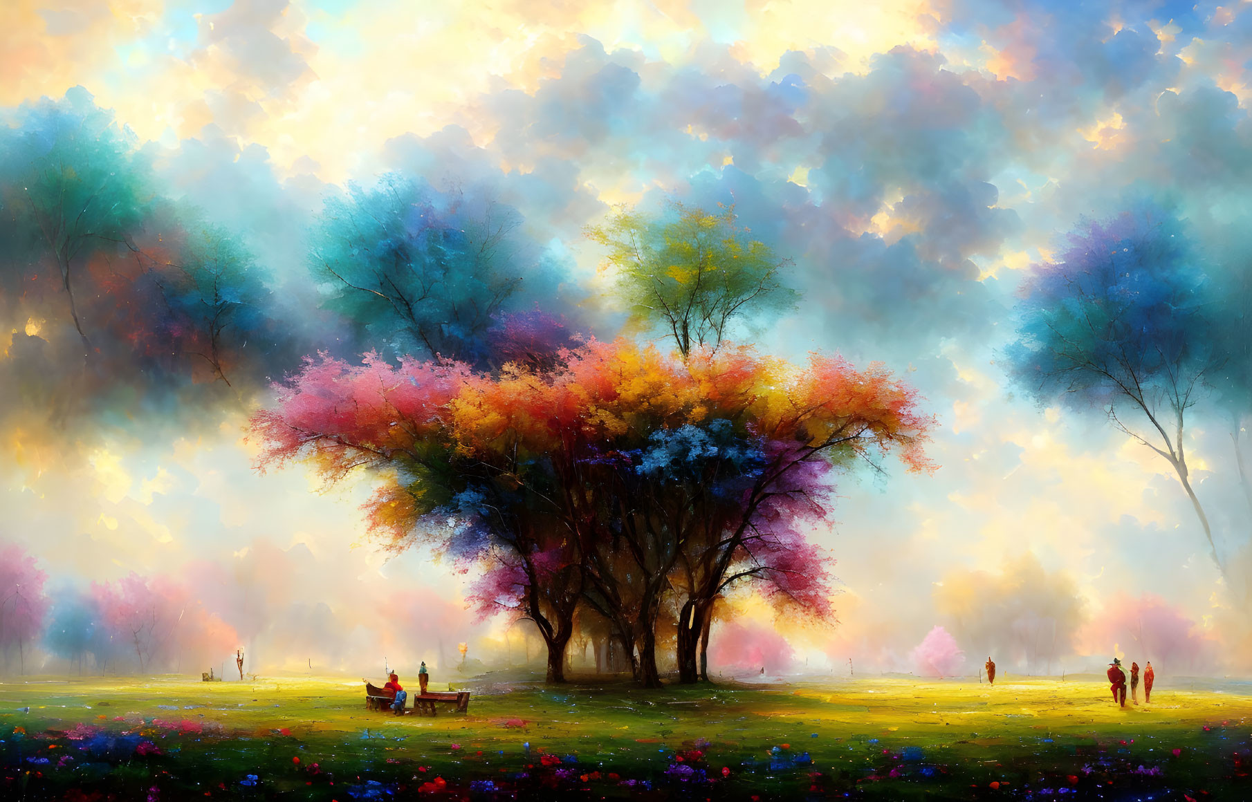 Impressionistic painting of park with people & blossoming tree