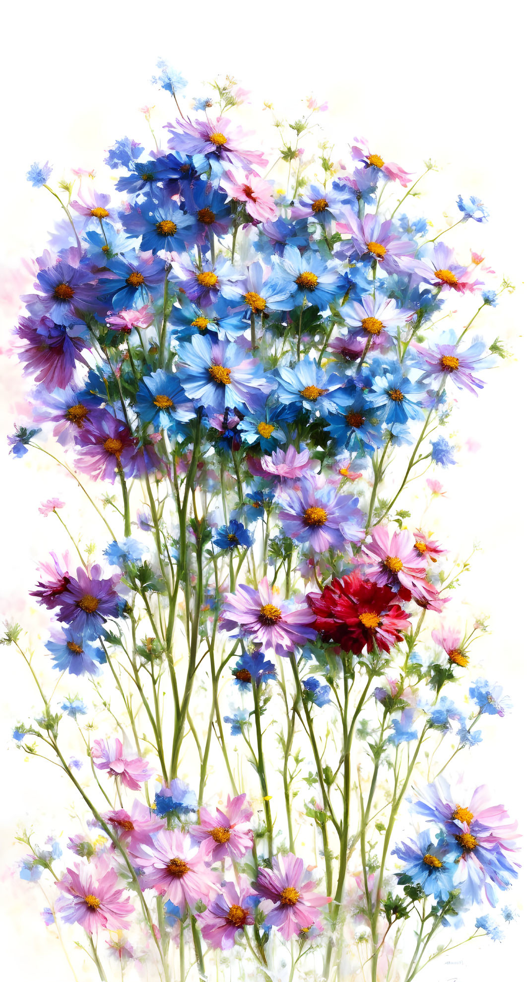 Colorful bouquet of blue, pink, and purple flowers on white backdrop