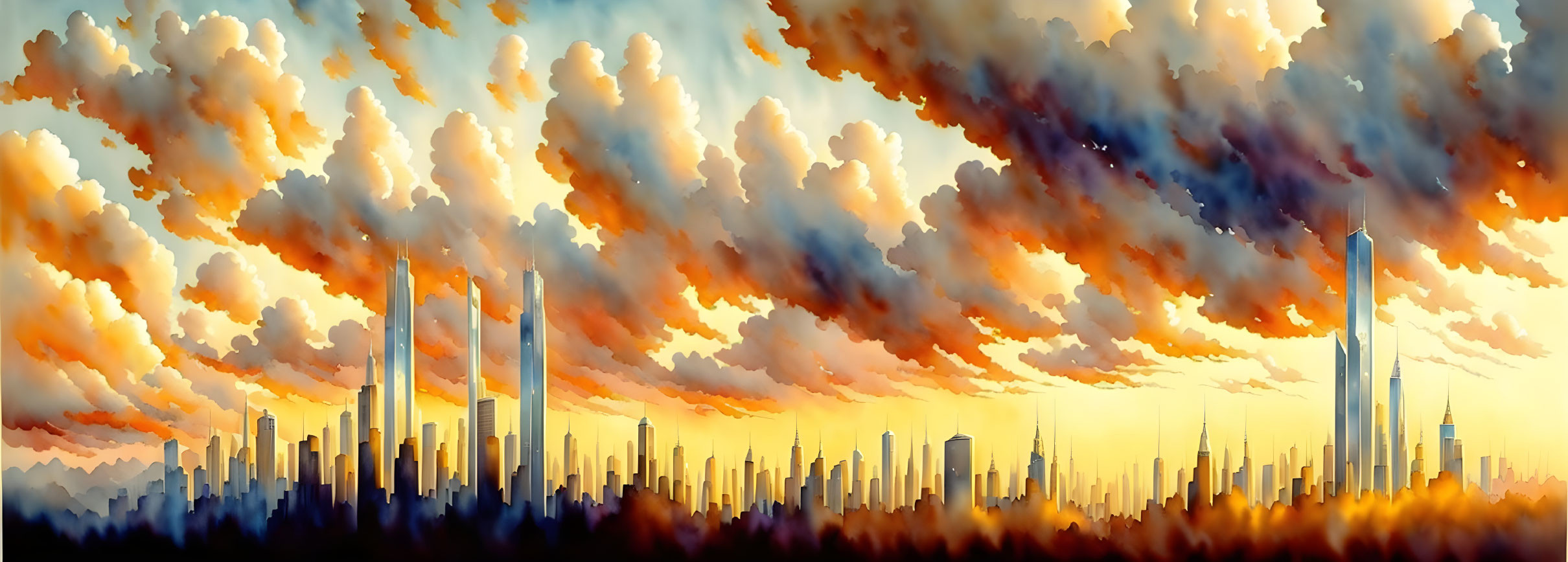 Futuristic city skyline against orange and blue sky