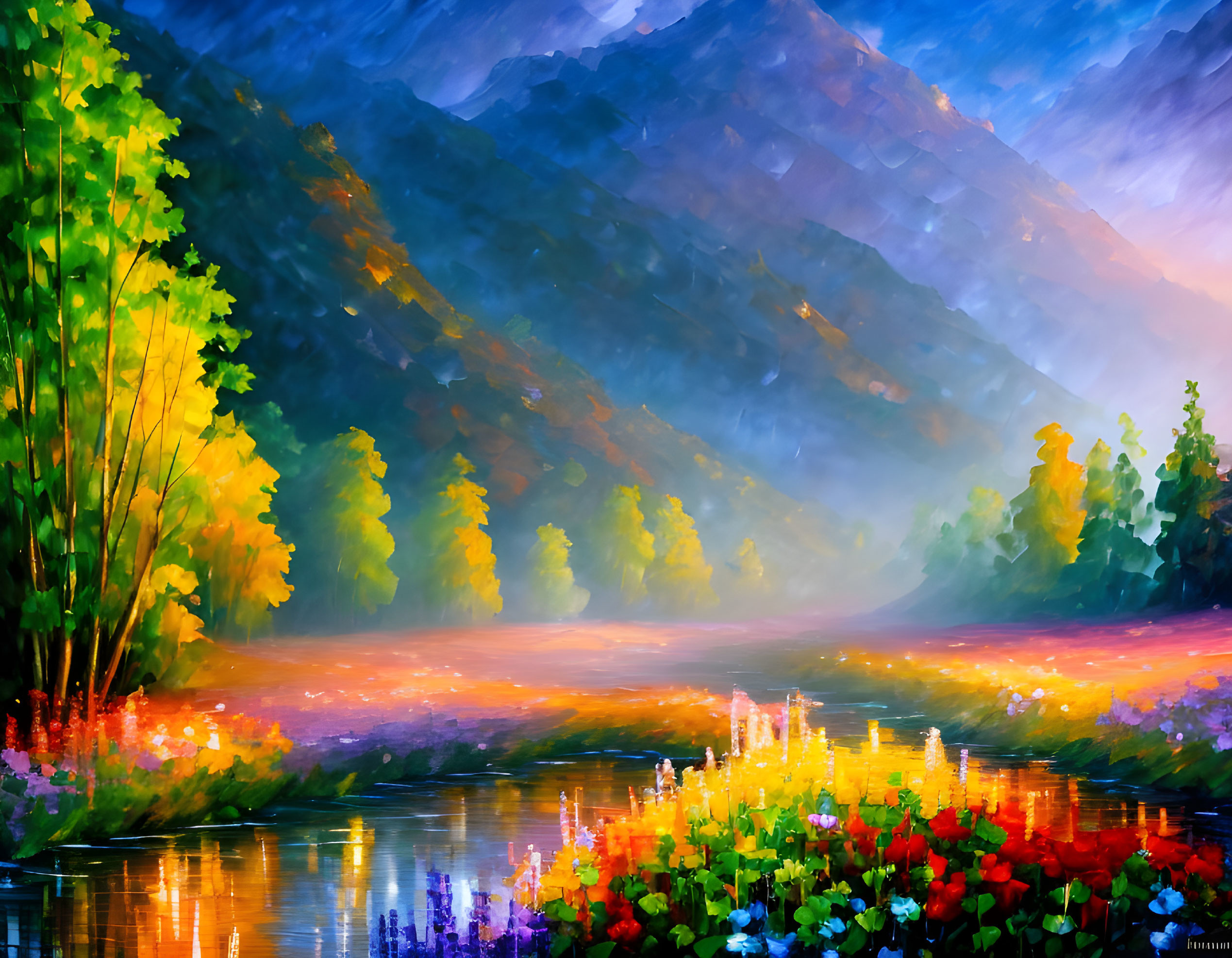 Colorful impressionistic painting of flower-lined river, trees, and mountains