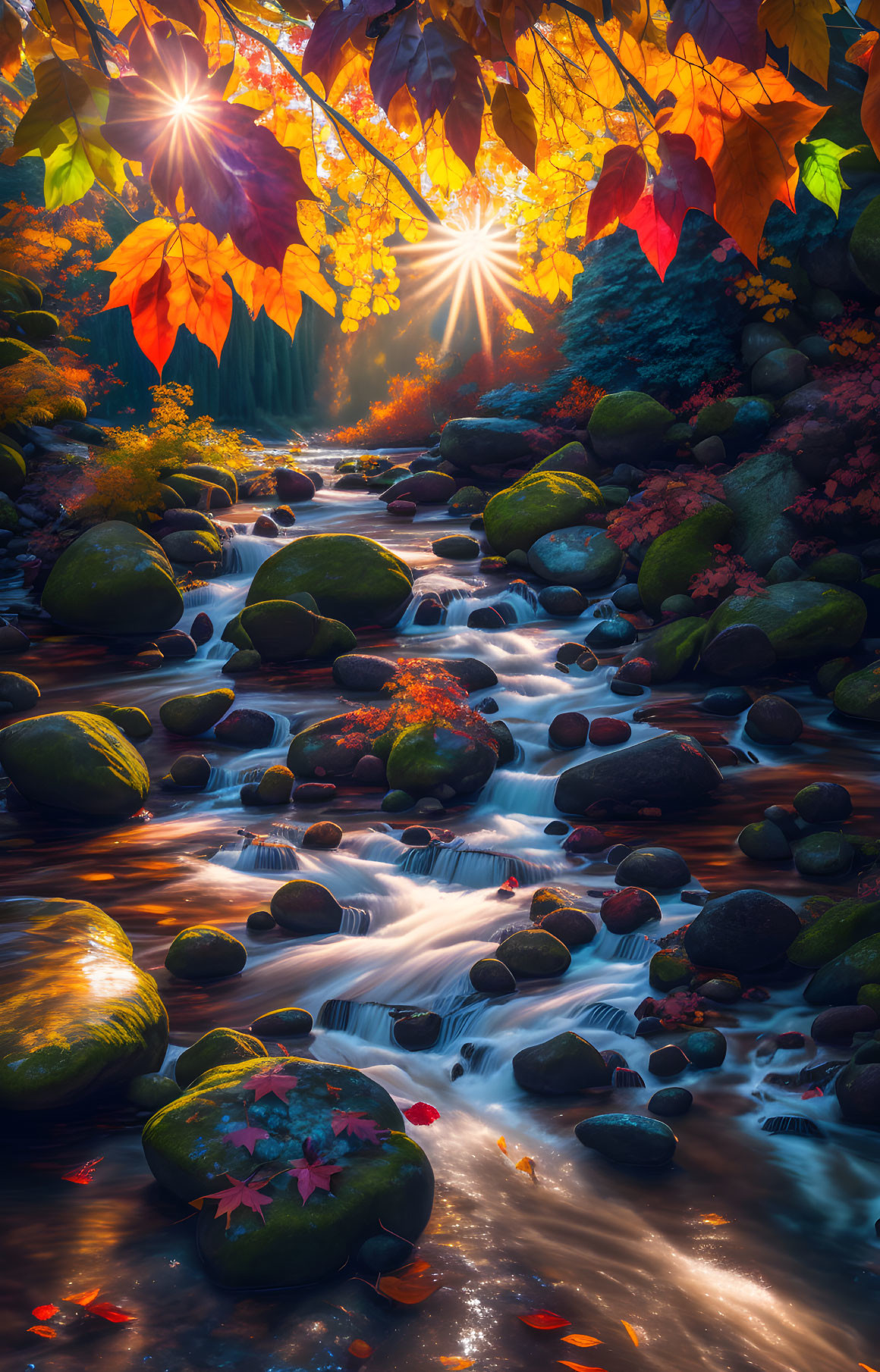 Tranquil creek with moss-covered stones and autumn foliage in sunlight