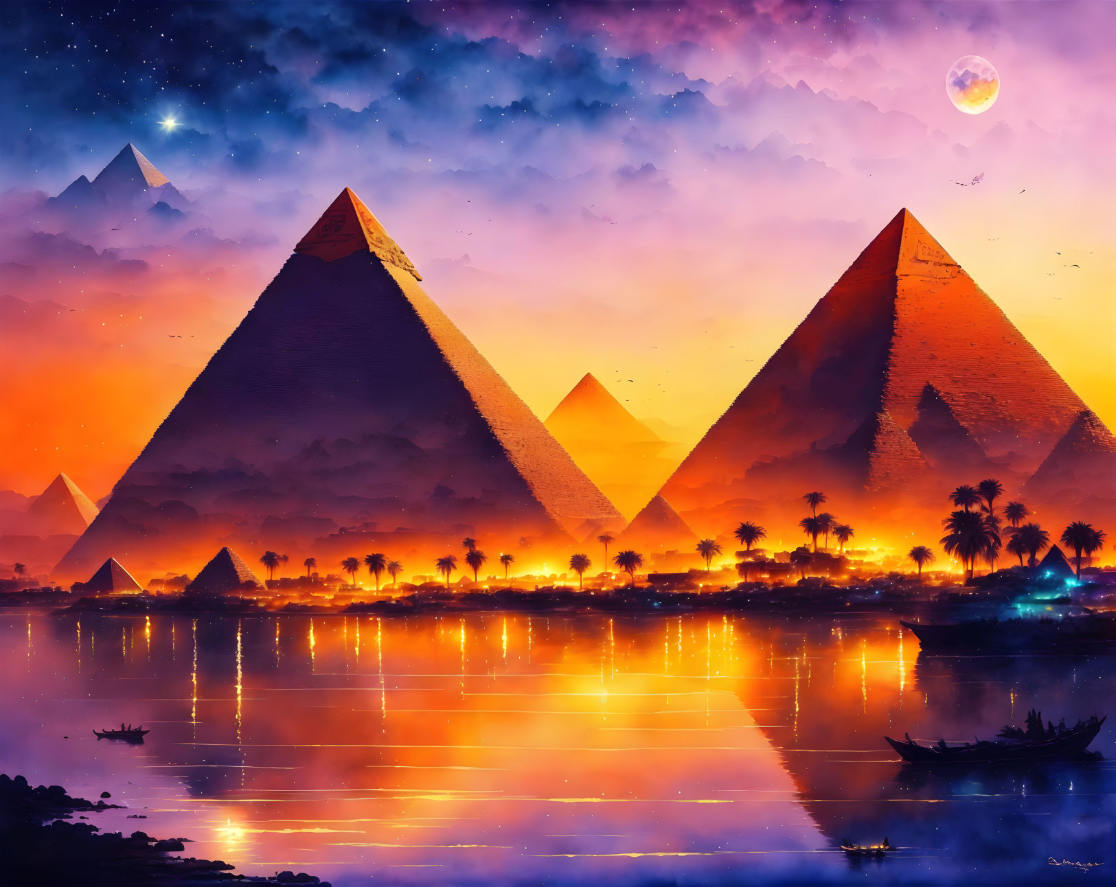 Digital Art: Egyptian Pyramids at Giza with Sunset and Night Sky