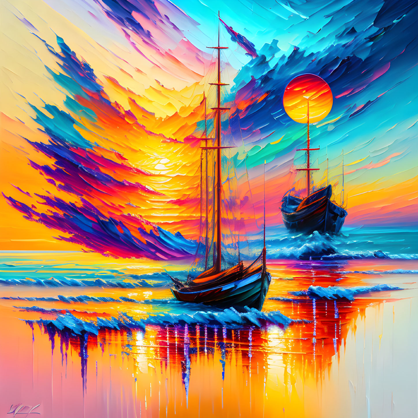 Colorful sunset seascape painting with sailing ships on reflective ocean