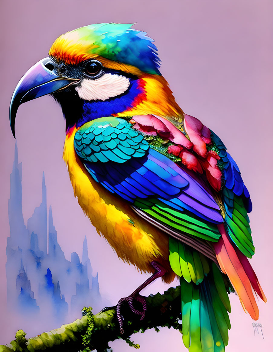 Colorful Bird Illustration on Branch with Castle Silhouette