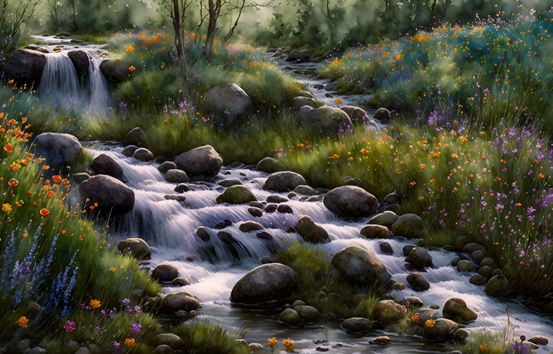 Tranquil stream with rocks, greenery, and wildflowers