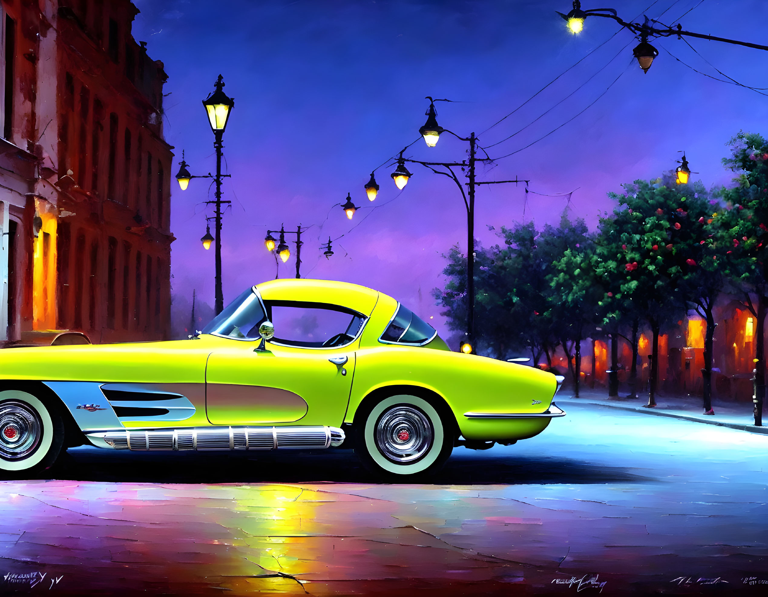 Colorful illustration of yellow car on dusk street