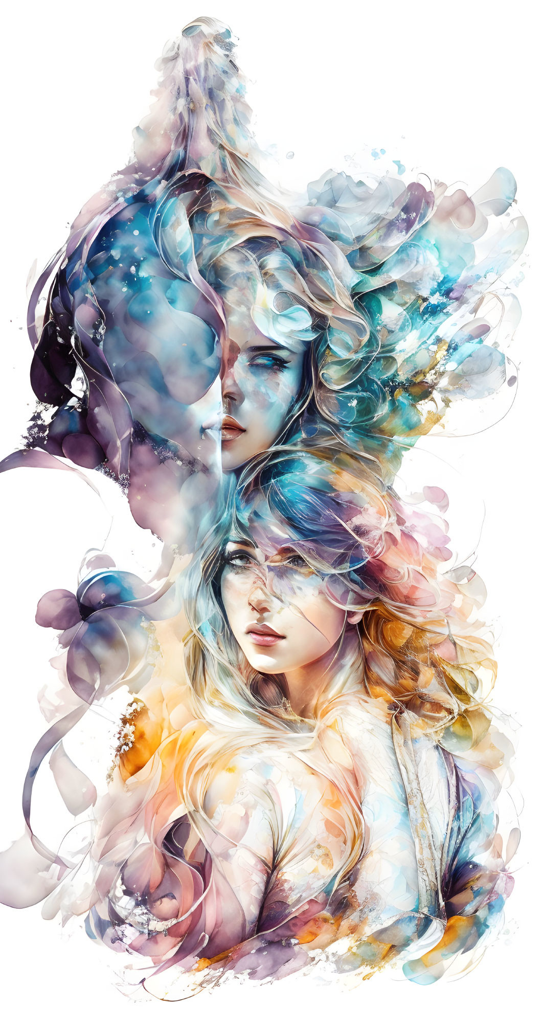 Colorful digital artwork: Two women with flowing, abstract hair in pastel hues.