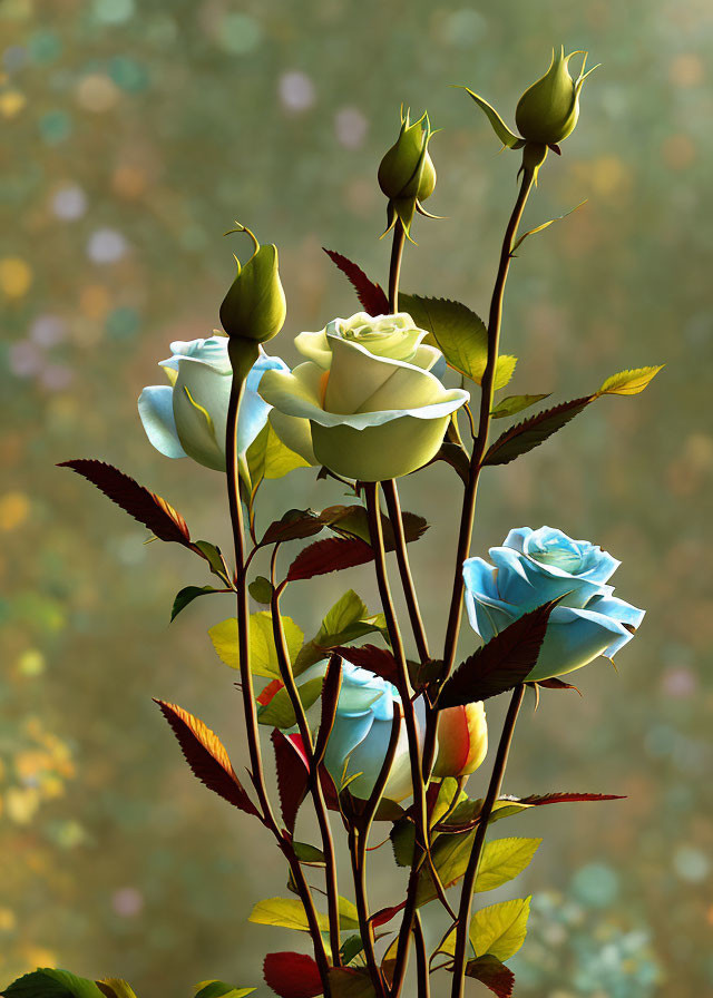 Cluster of Unique Blue Roses with Green Stems on Soft-focus Earthy Background