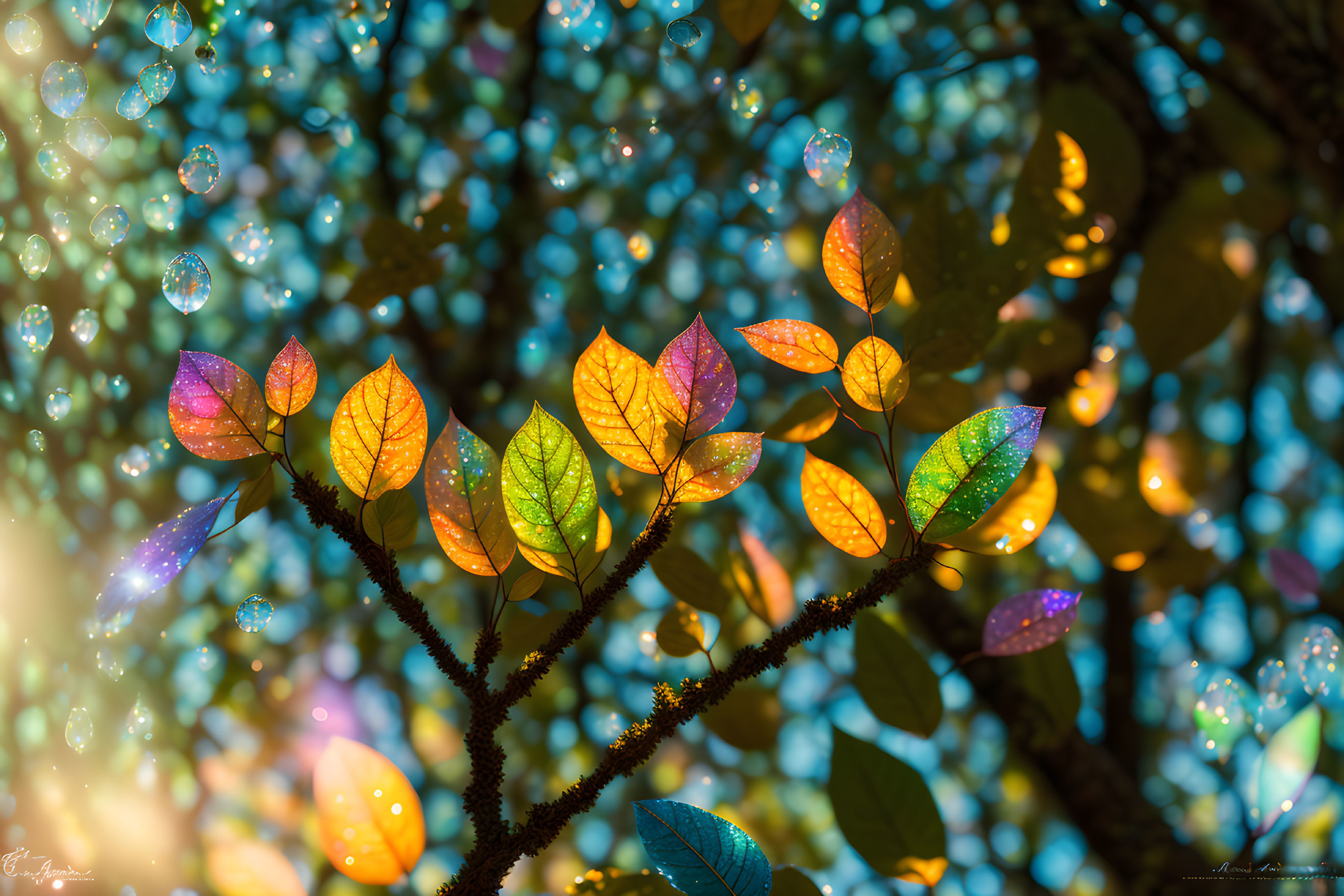 Sunlit leaves in orange, yellow, and green with water droplets on bokeh background