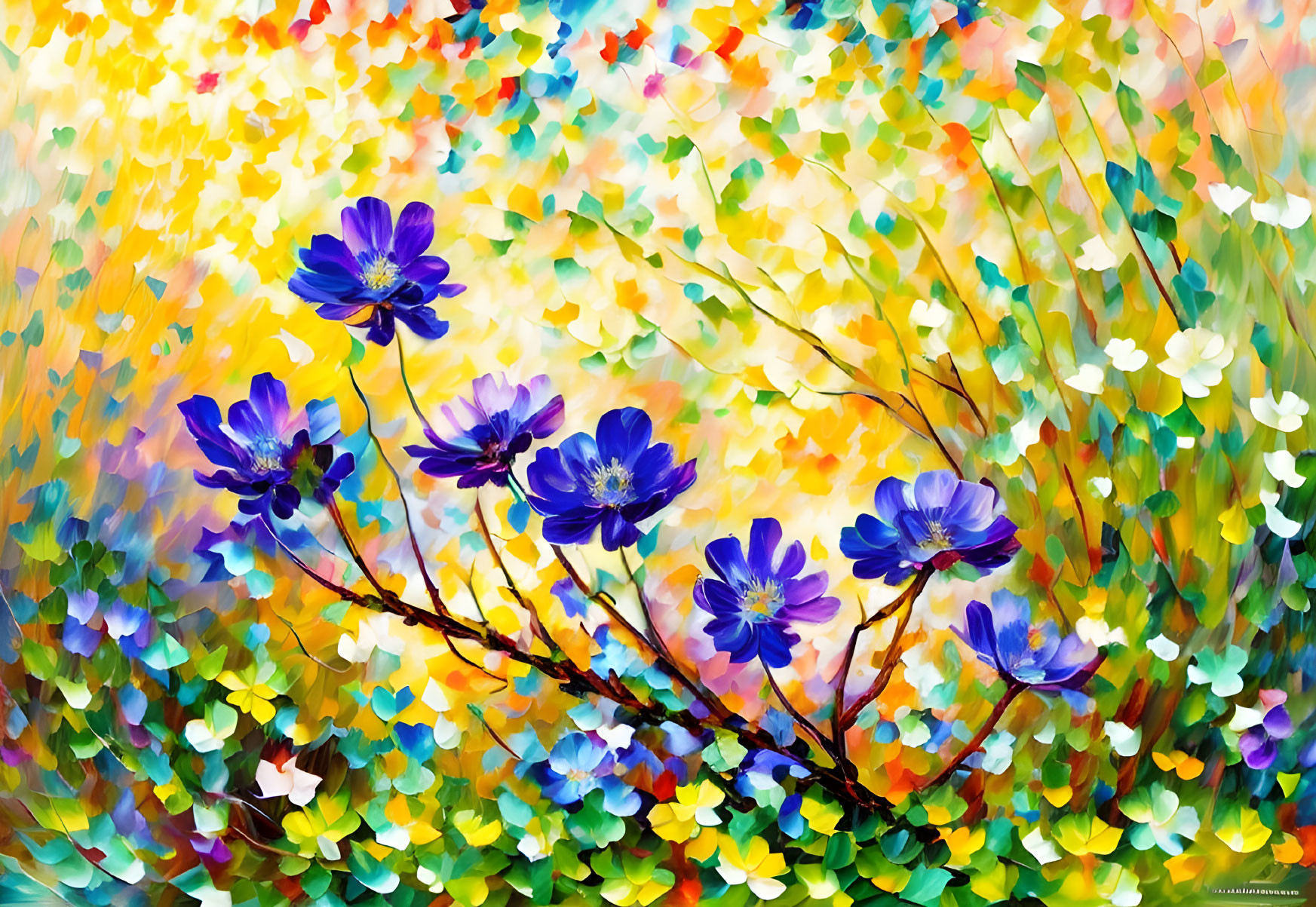 Impressionistic painting of vibrant blue flowers on textured colorful background