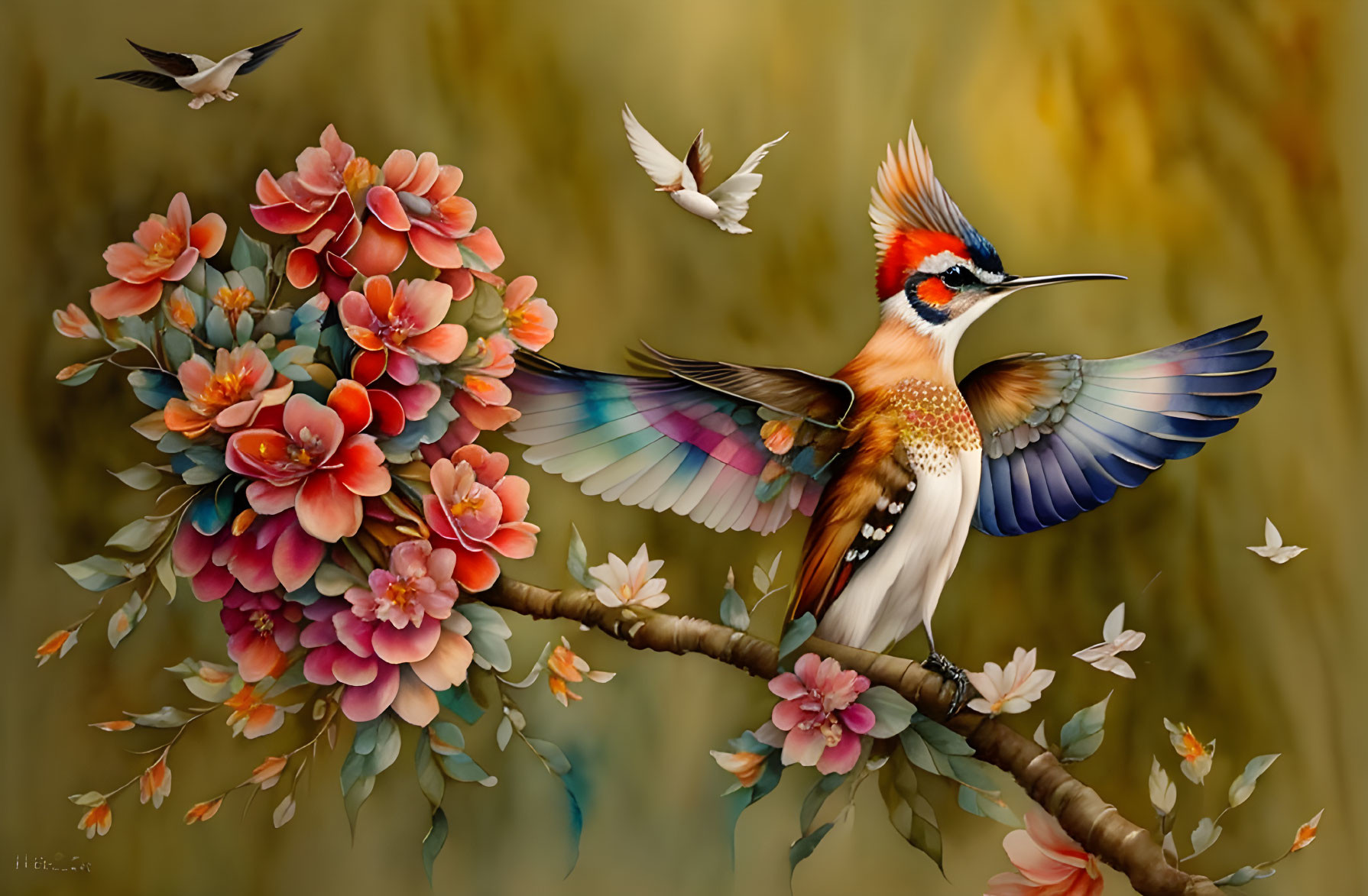 Colorful bird with open wings on branch surrounded by pink flowers and flying birds